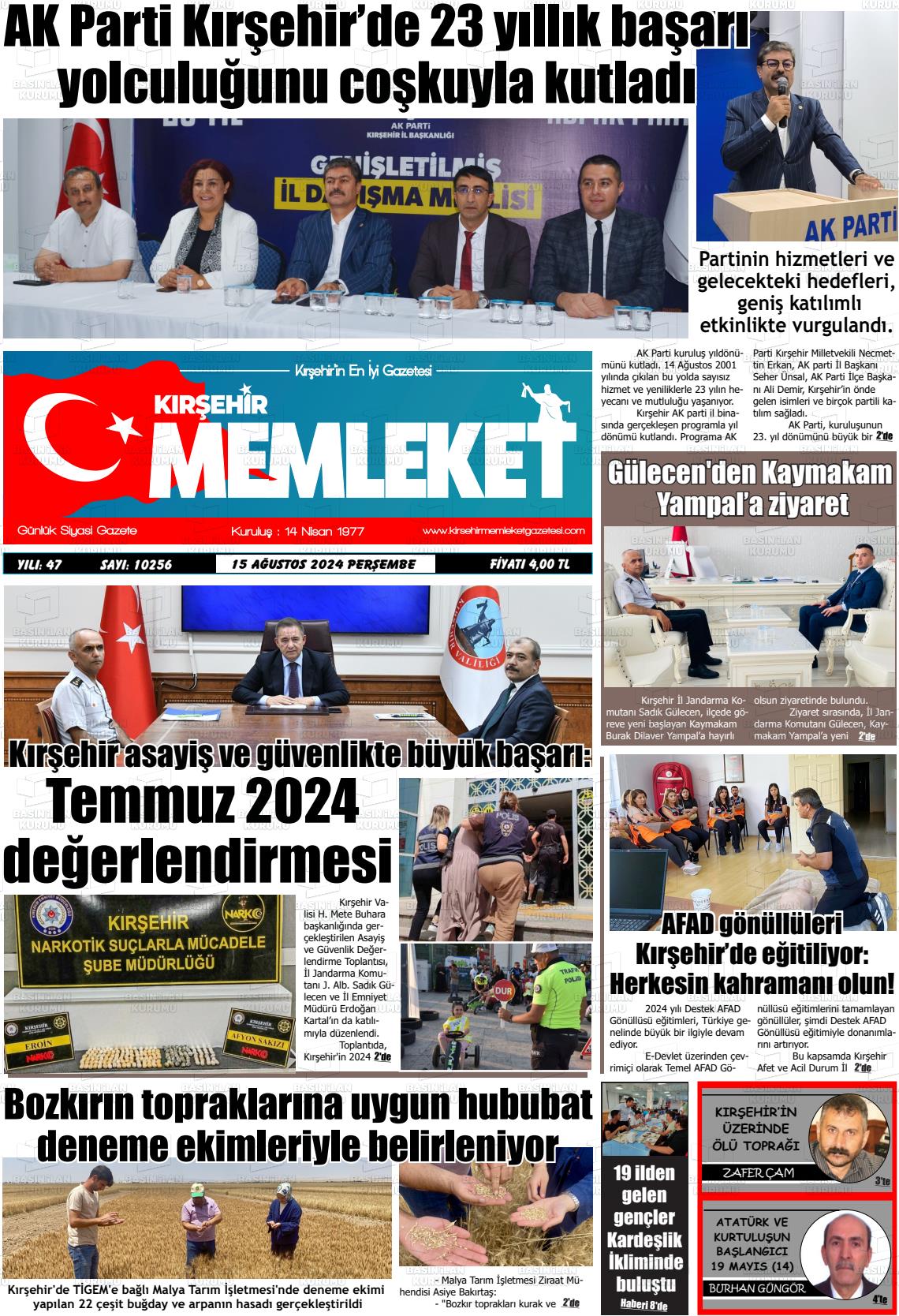 15 Ağustos 2024 Kırşehir Memleket Gazete Manşeti