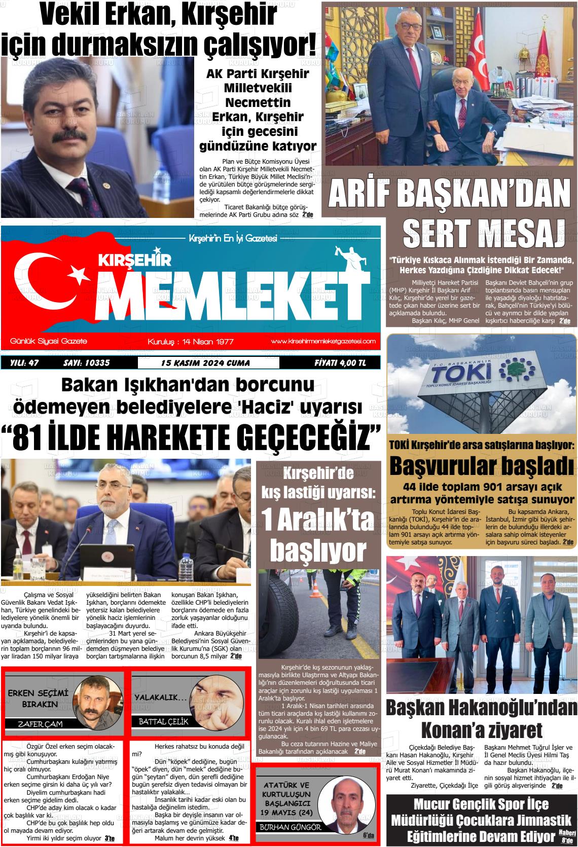 15 Kasım 2024 Kırşehir Memleket Gazete Manşeti