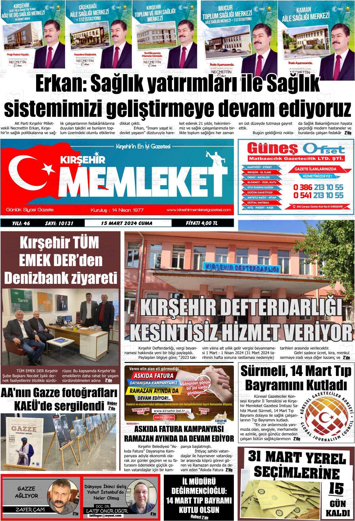 15 Mart 2024 Kırşehir Memleket Gazete Manşeti