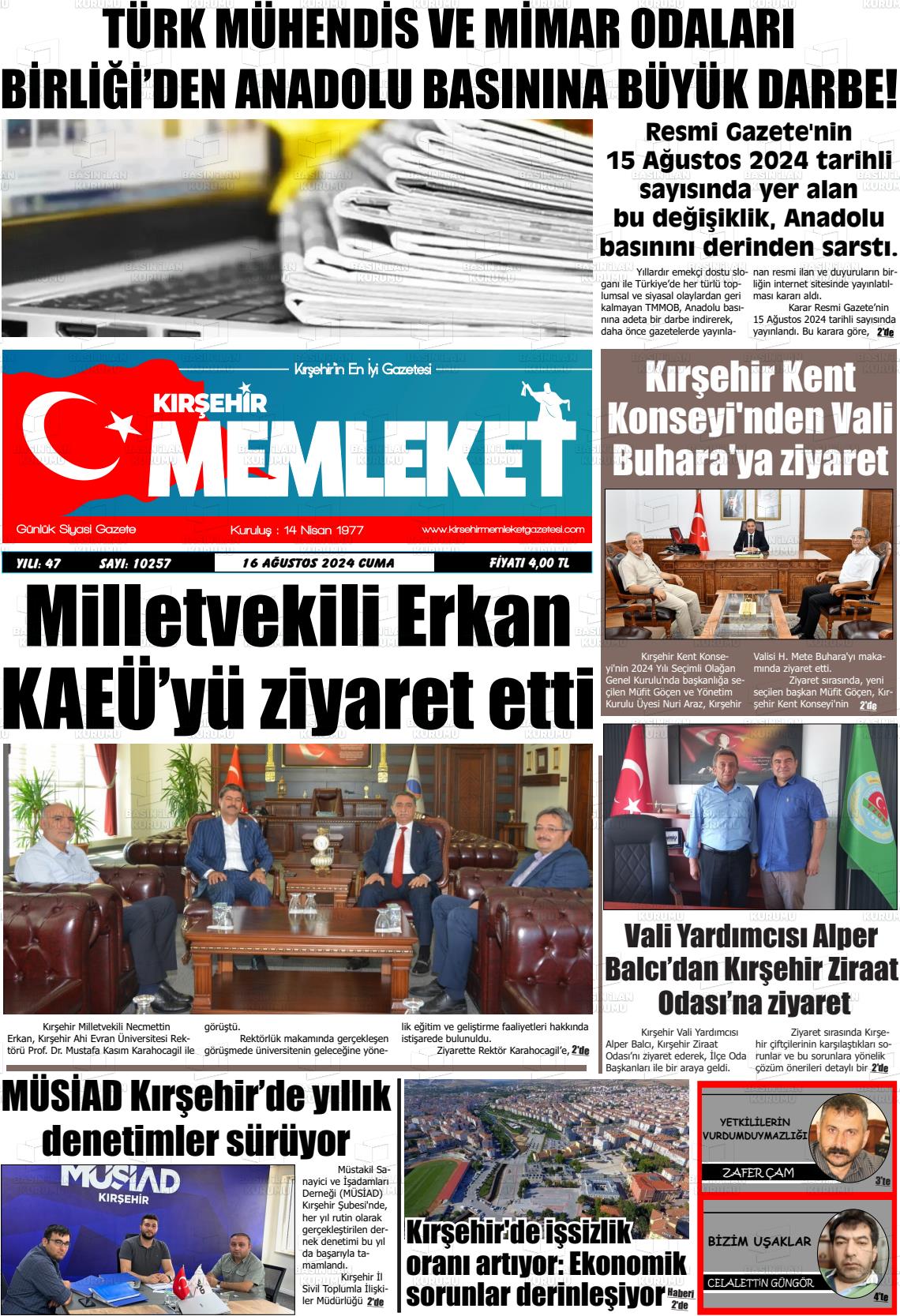 16 Ağustos 2024 Kırşehir Memleket Gazete Manşeti