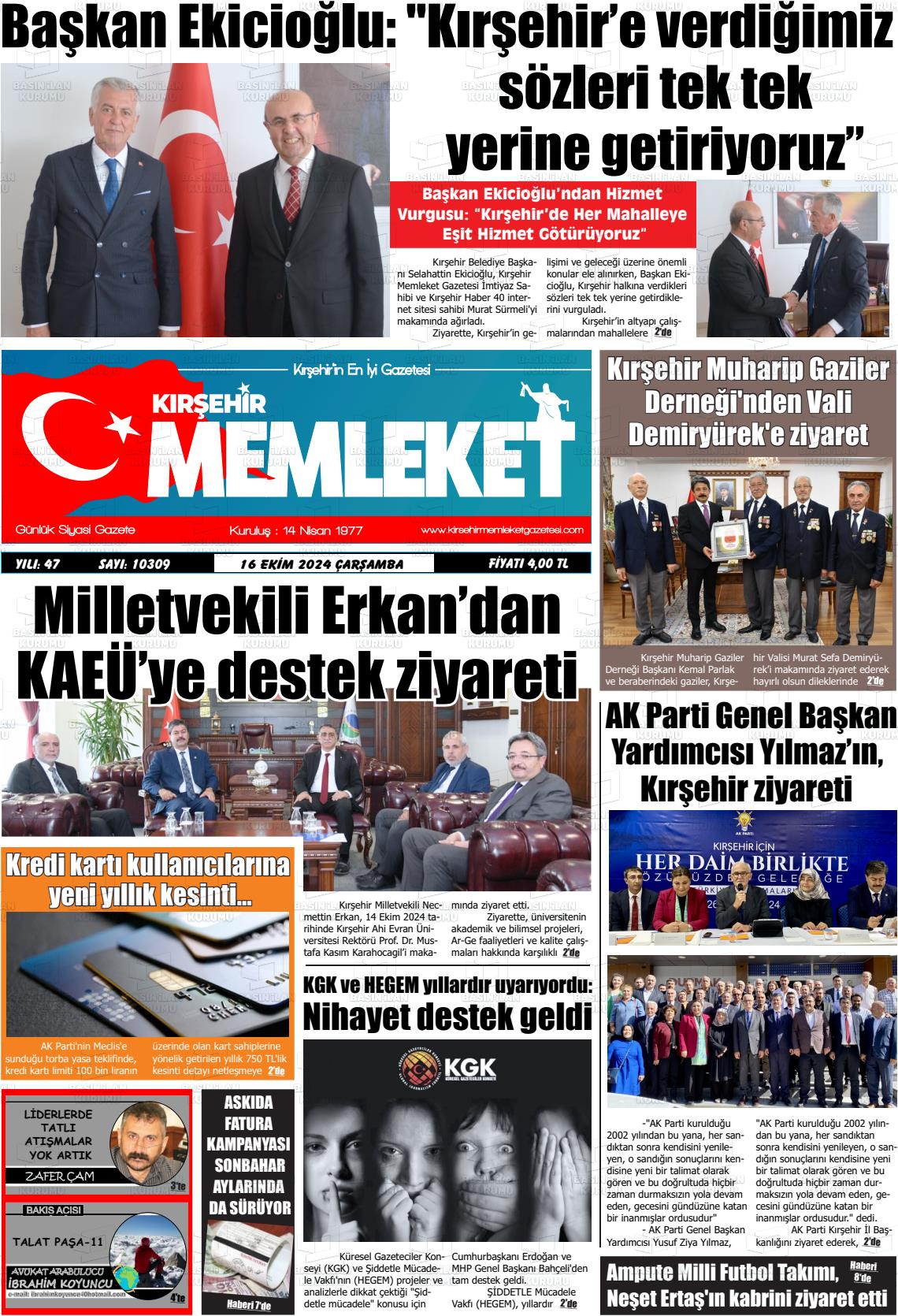 16 Ekim 2024 Kırşehir Memleket Gazete Manşeti