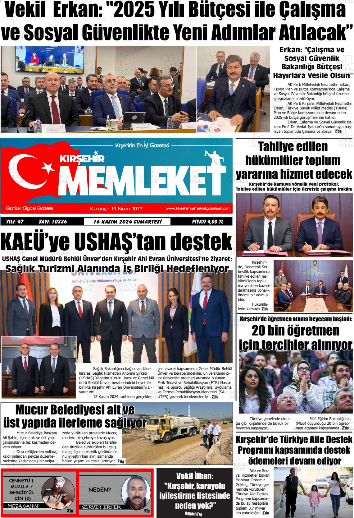 16 Kasım 2024 Kırşehir Memleket Gazete Manşeti