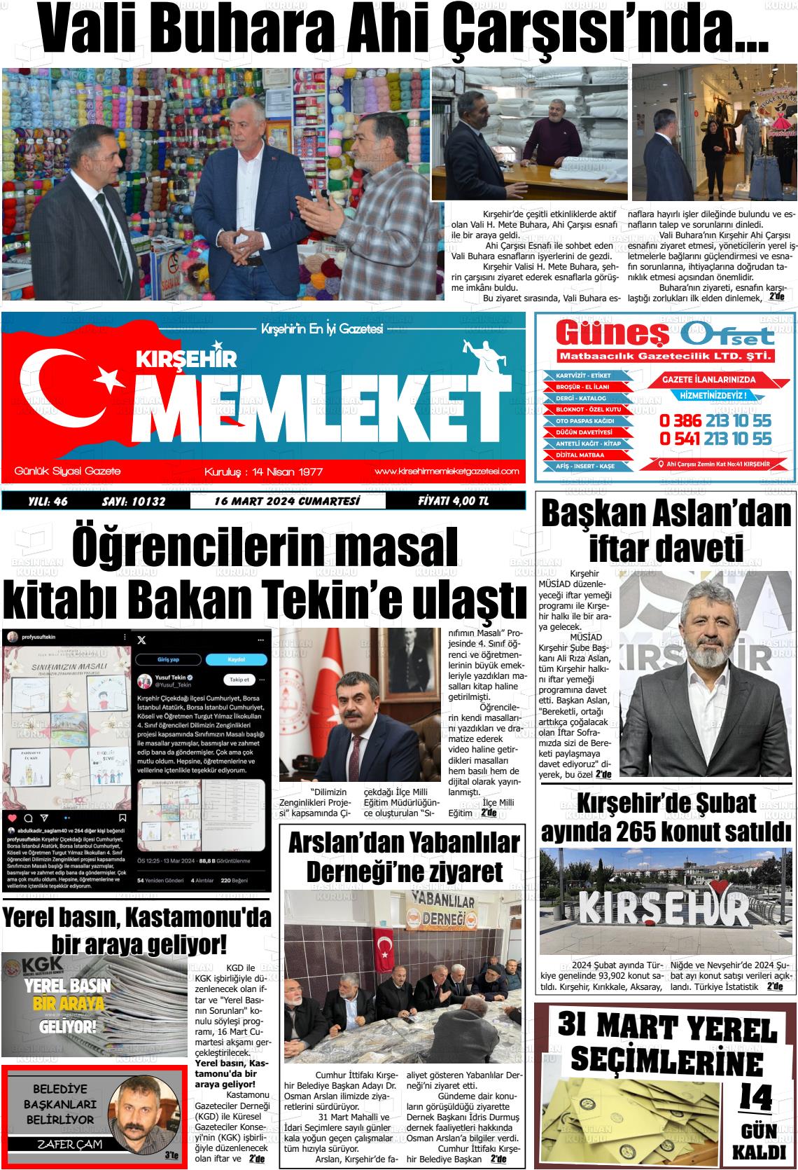 16 Mart 2024 Kırşehir Memleket Gazete Manşeti