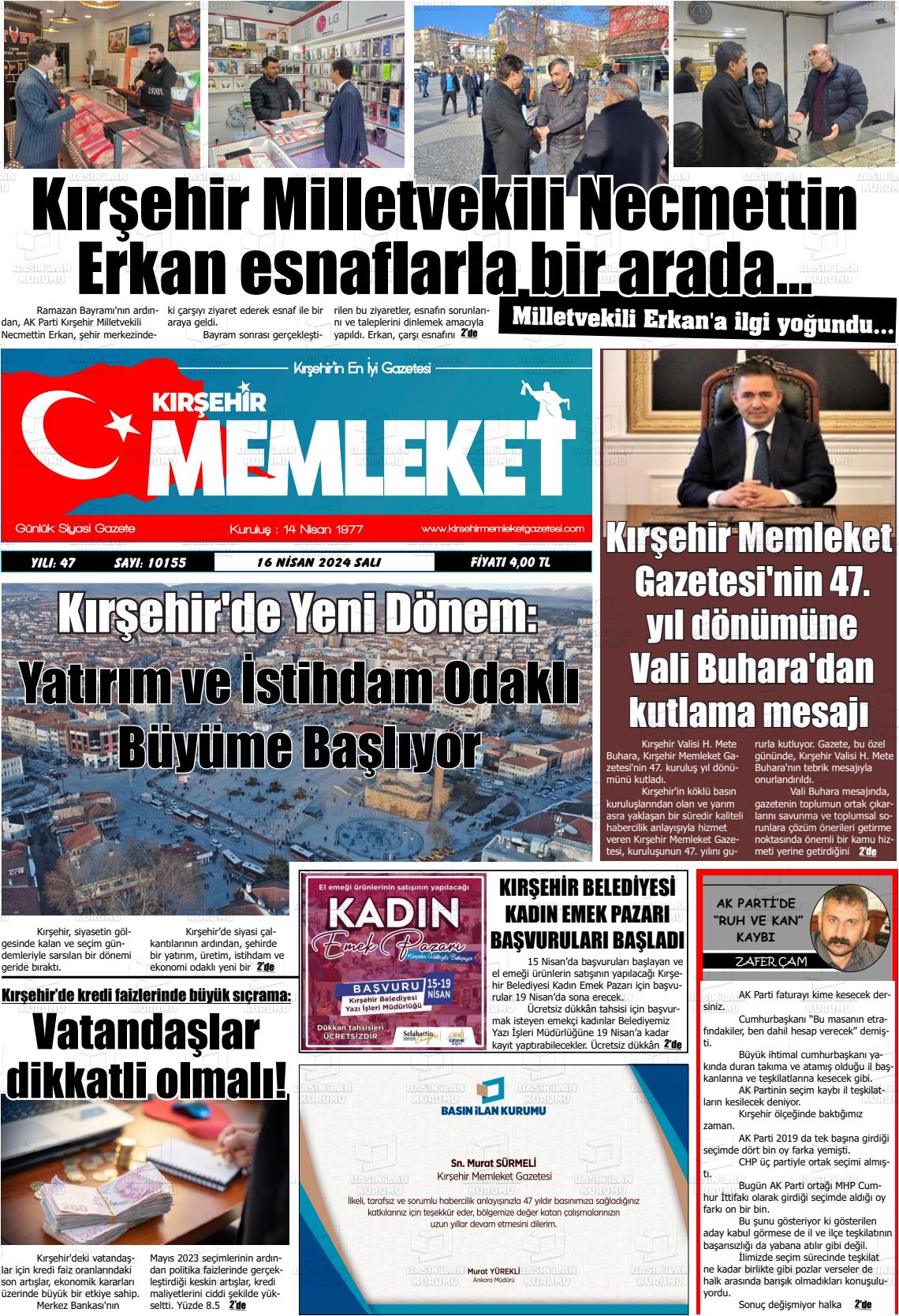 18 Nisan 2024 Kırşehir Memleket Gazete Manşeti