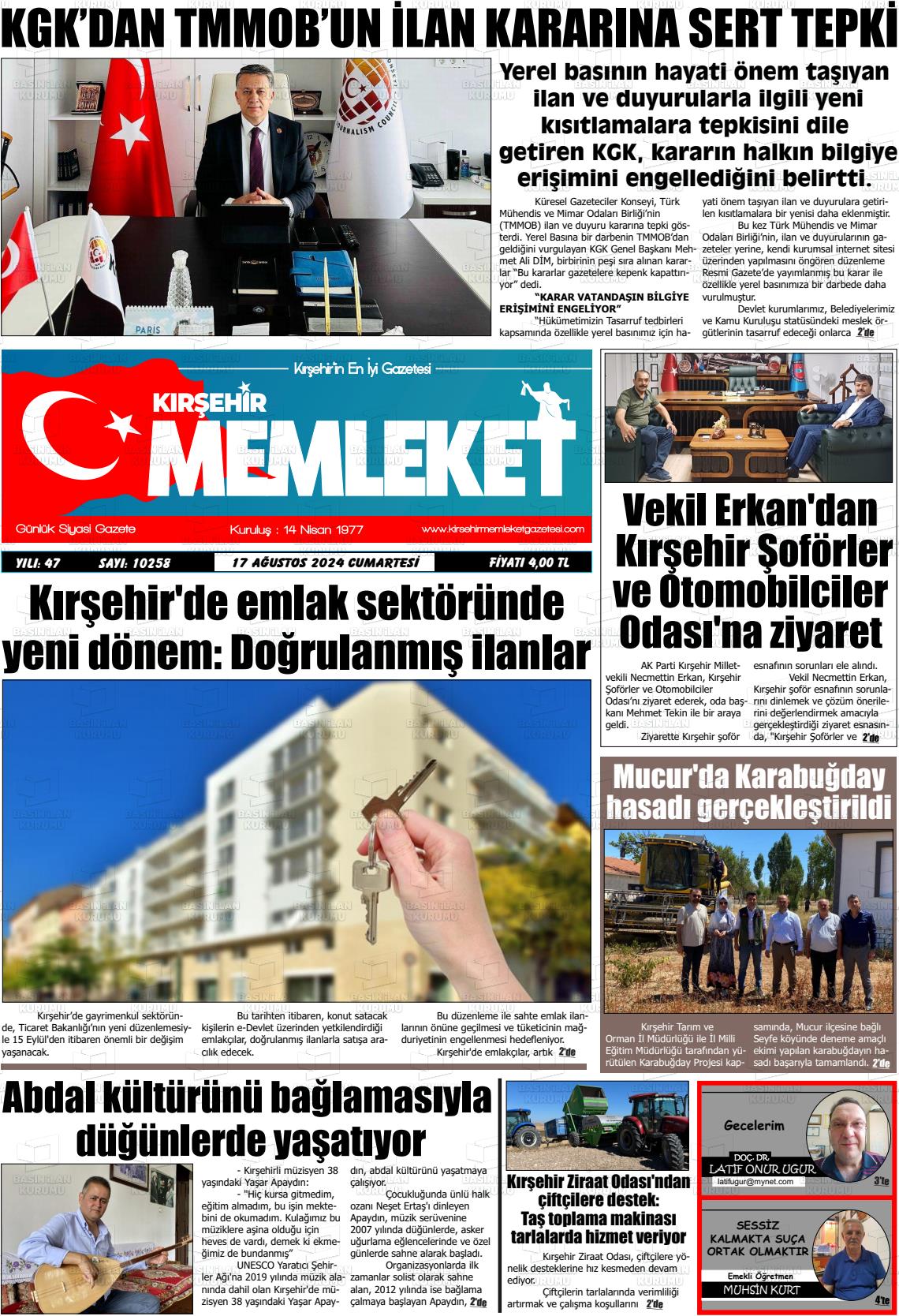 17 Ağustos 2024 Kırşehir Memleket Gazete Manşeti