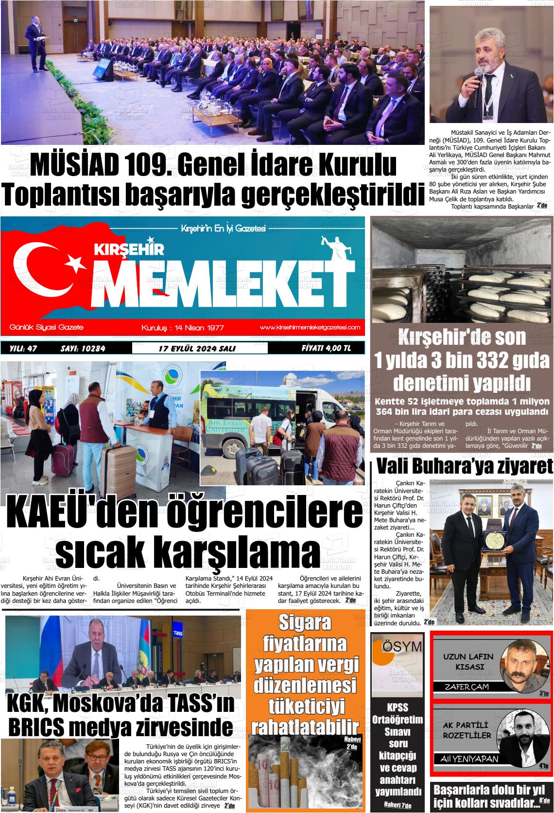 17 Eylül 2024 Kırşehir Memleket Gazete Manşeti