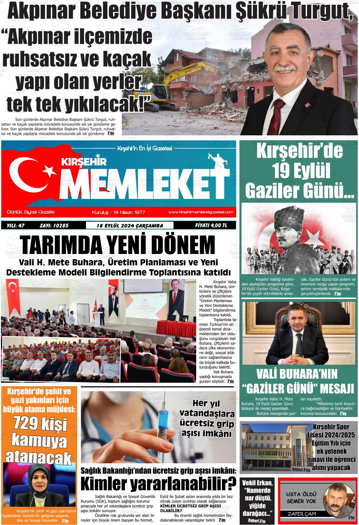 18 Eylül 2024 Kırşehir Memleket Gazete Manşeti