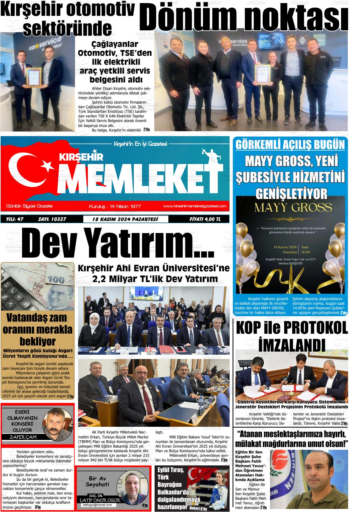 18 Kasım 2024 Kırşehir Memleket Gazete Manşeti