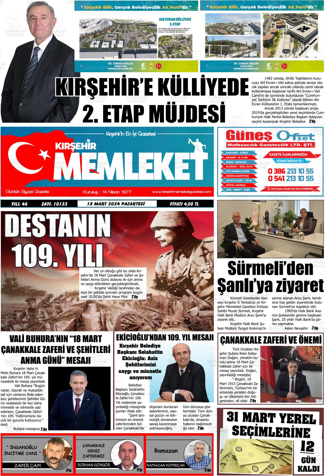 18 Mart 2024 Kırşehir Memleket Gazete Manşeti