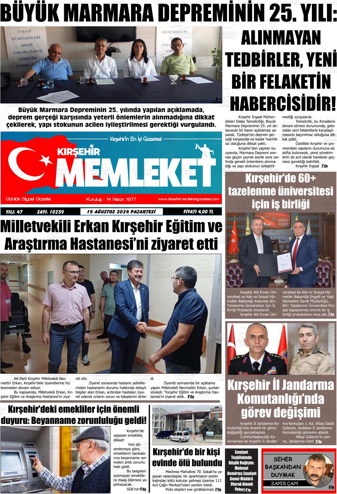 19 Ağustos 2024 Kırşehir Memleket Gazete Manşeti