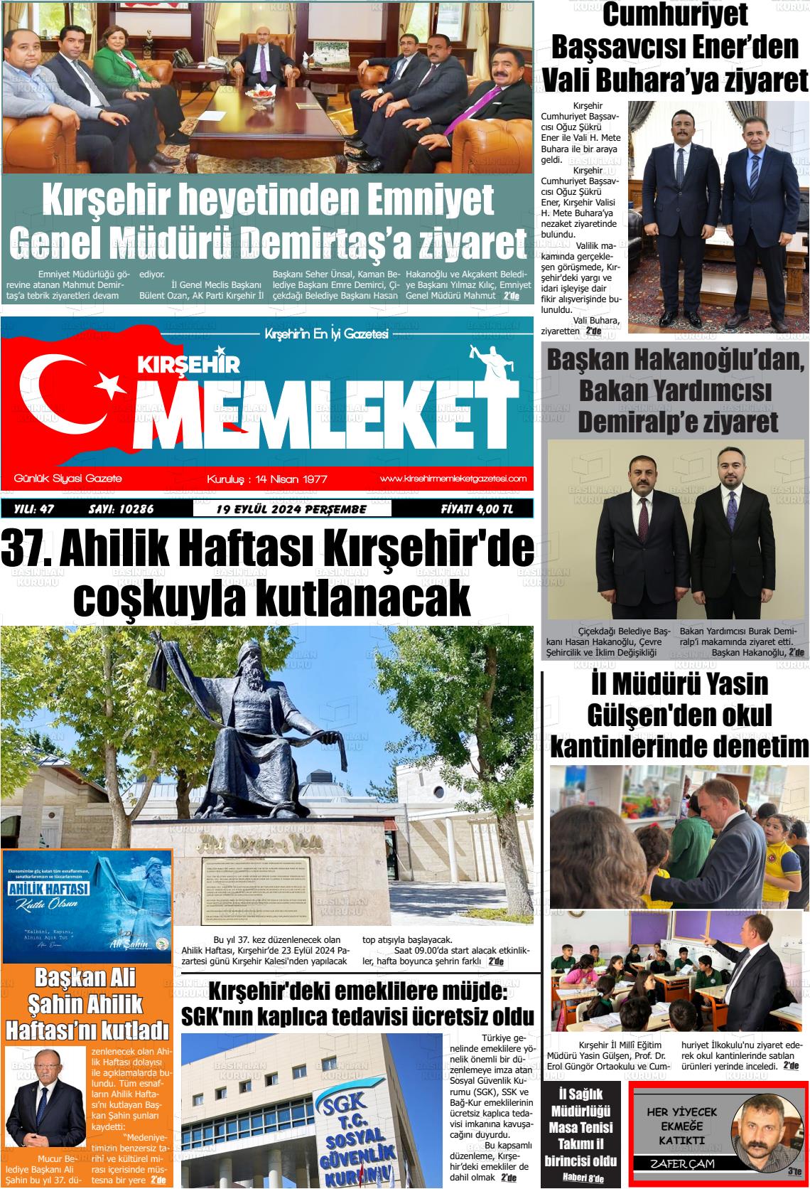 19 Eylül 2024 Kırşehir Memleket Gazete Manşeti