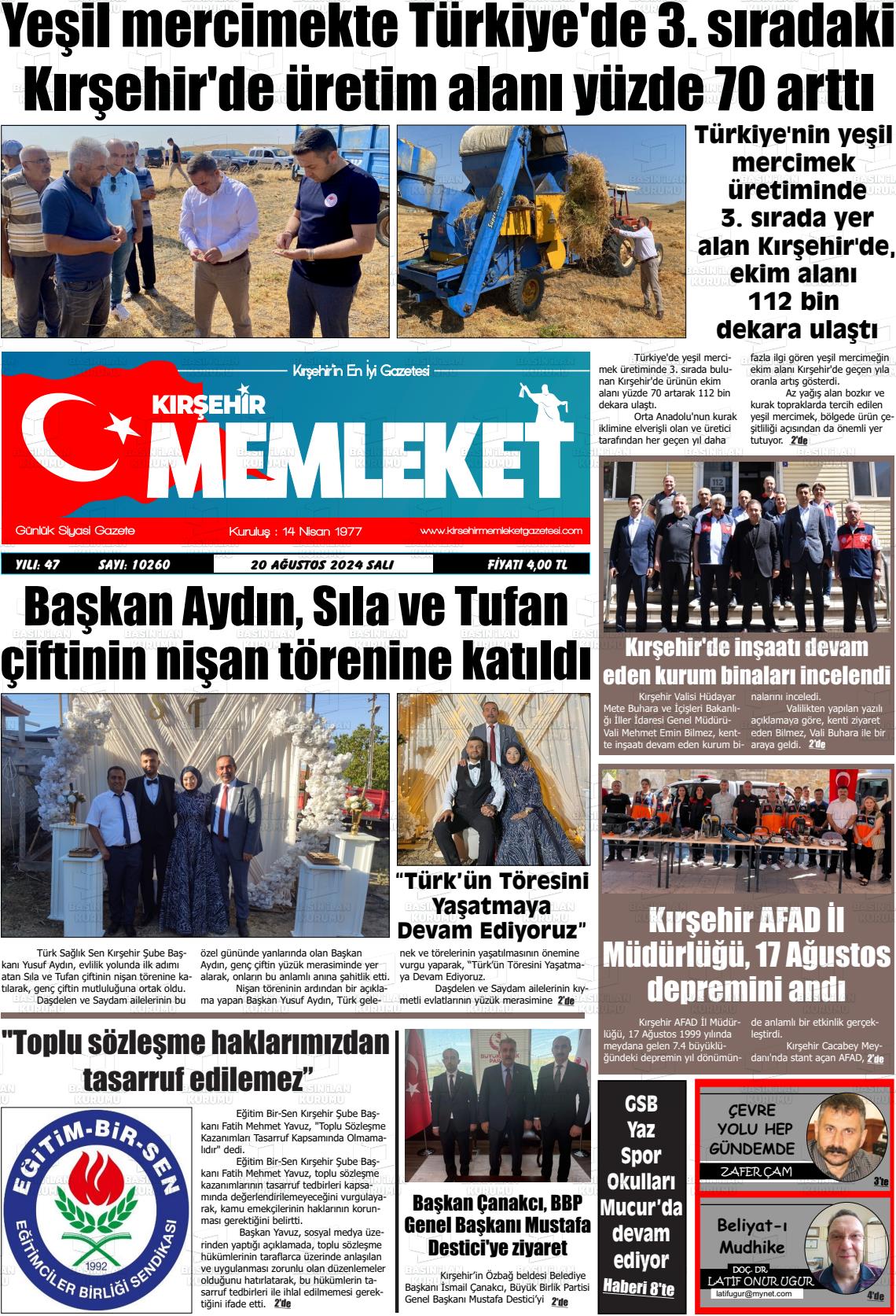 20 Ağustos 2024 Kırşehir Memleket Gazete Manşeti