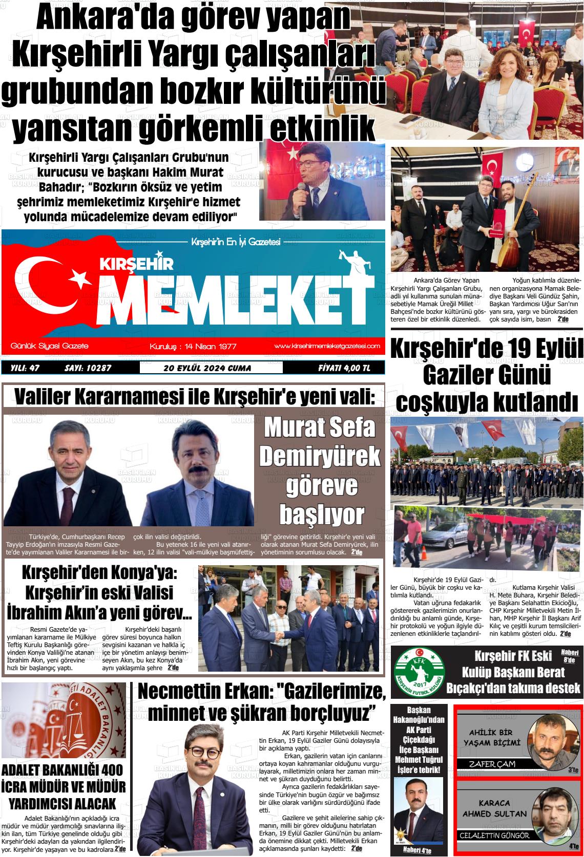 20 Eylül 2024 Kırşehir Memleket Gazete Manşeti