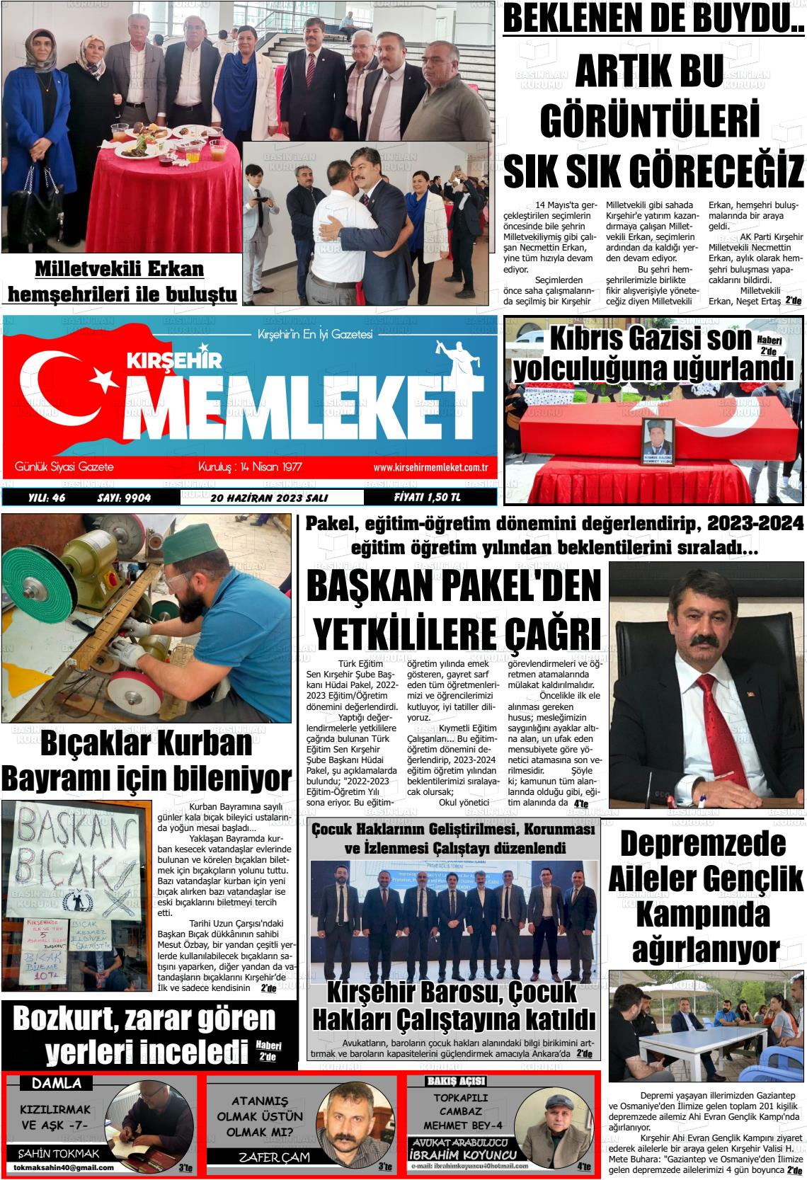 20 Haziran 2023 Kırşehir Memleket Gazete Manşeti