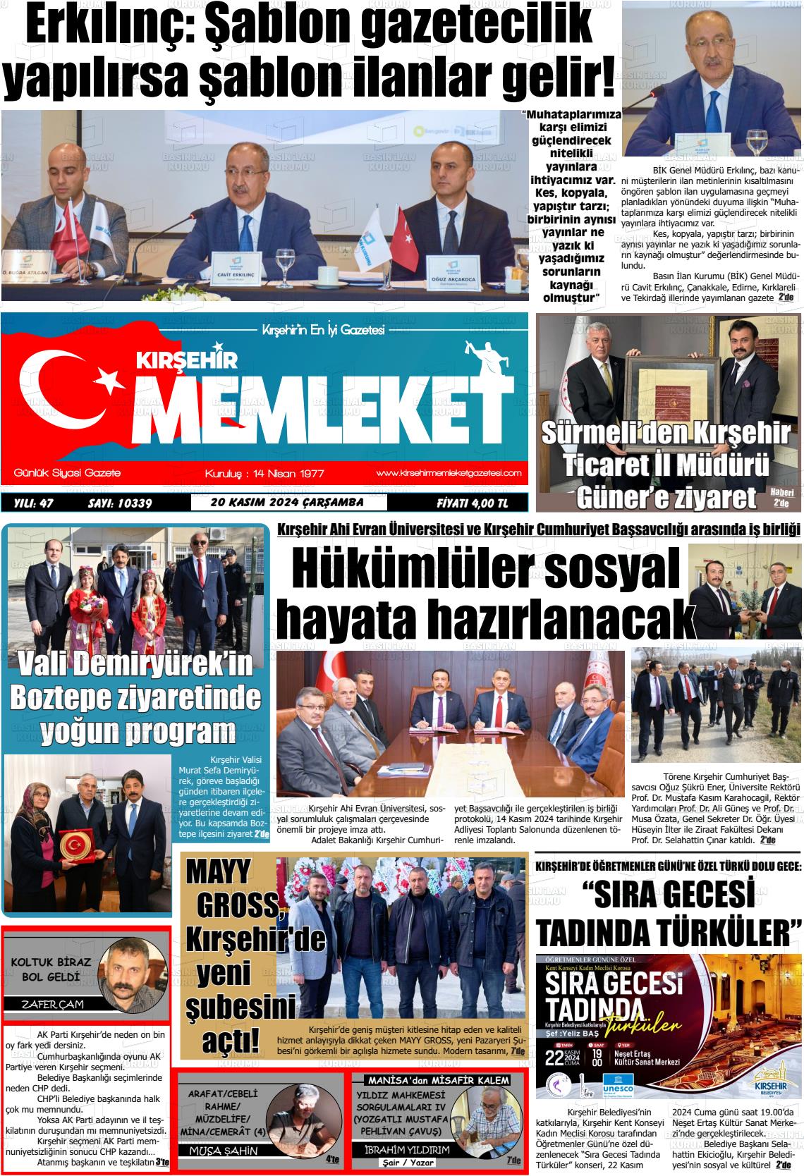 20 Kasım 2024 Kırşehir Memleket Gazete Manşeti