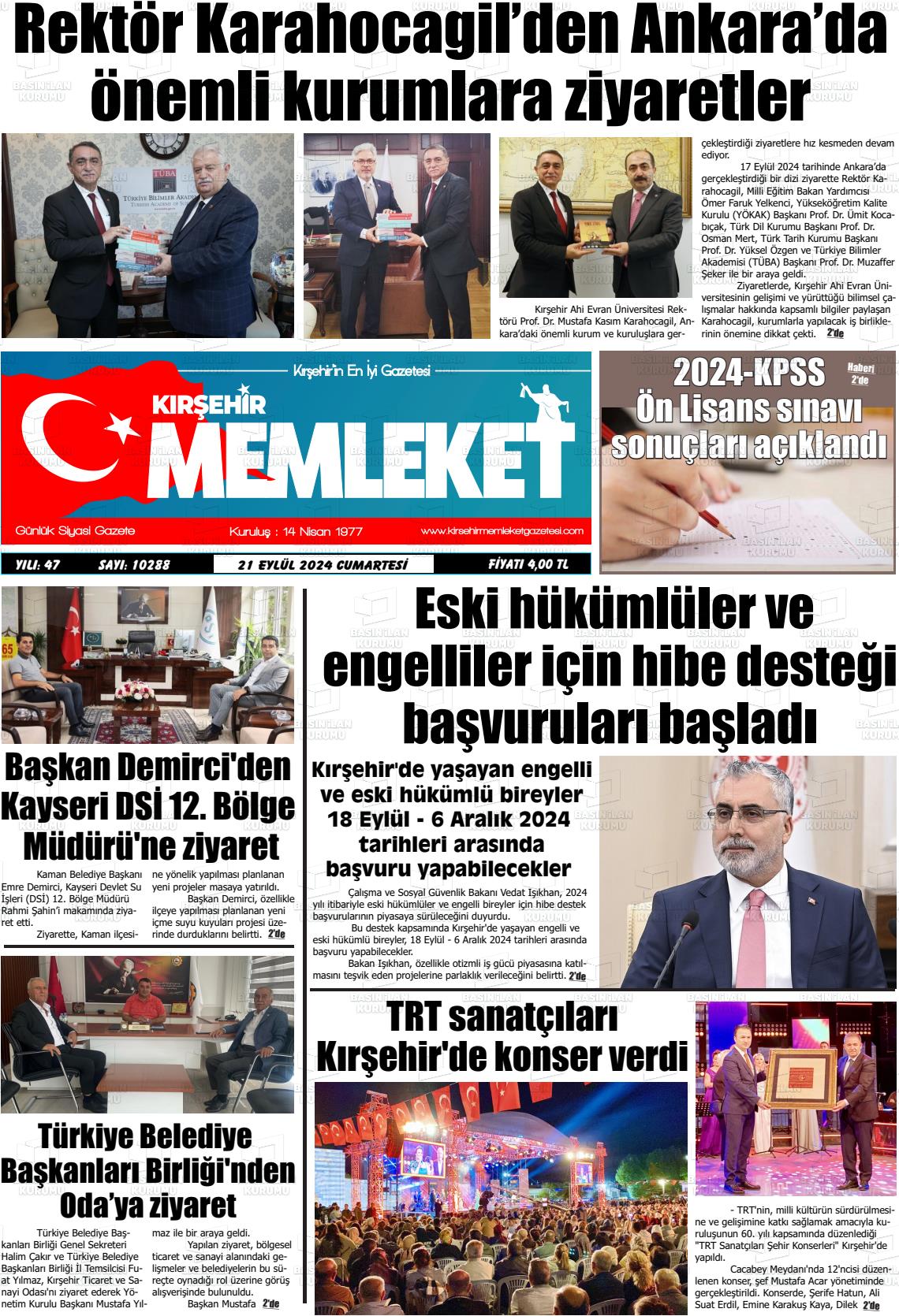 21 Eylül 2024 Kırşehir Memleket Gazete Manşeti