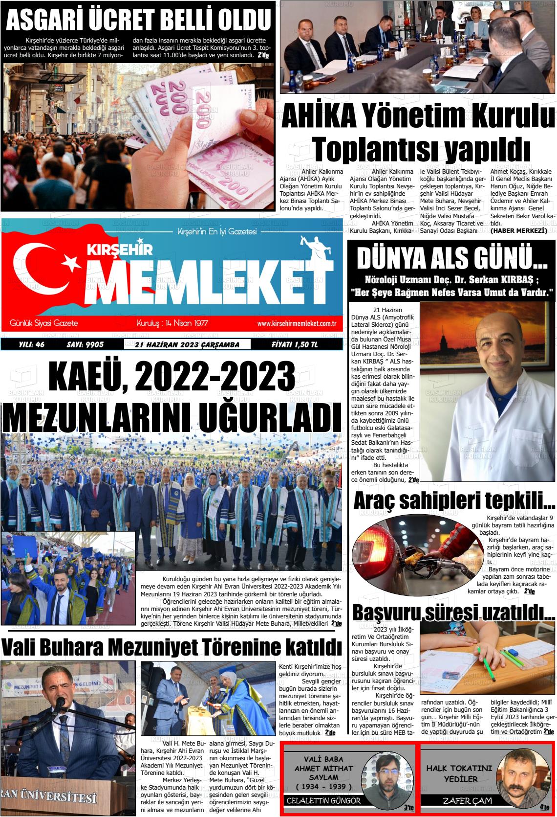 19 Ağustos 2023 Kırşehir Memleket Gazete Manşeti