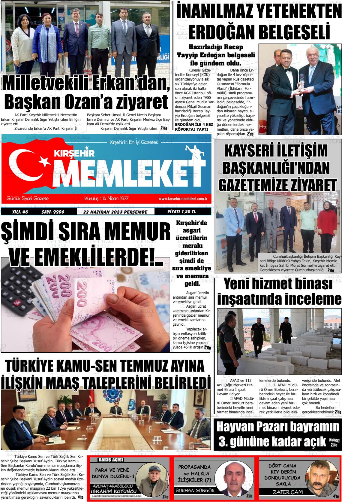 20 Ağustos 2023 Kırşehir Memleket Gazete Manşeti