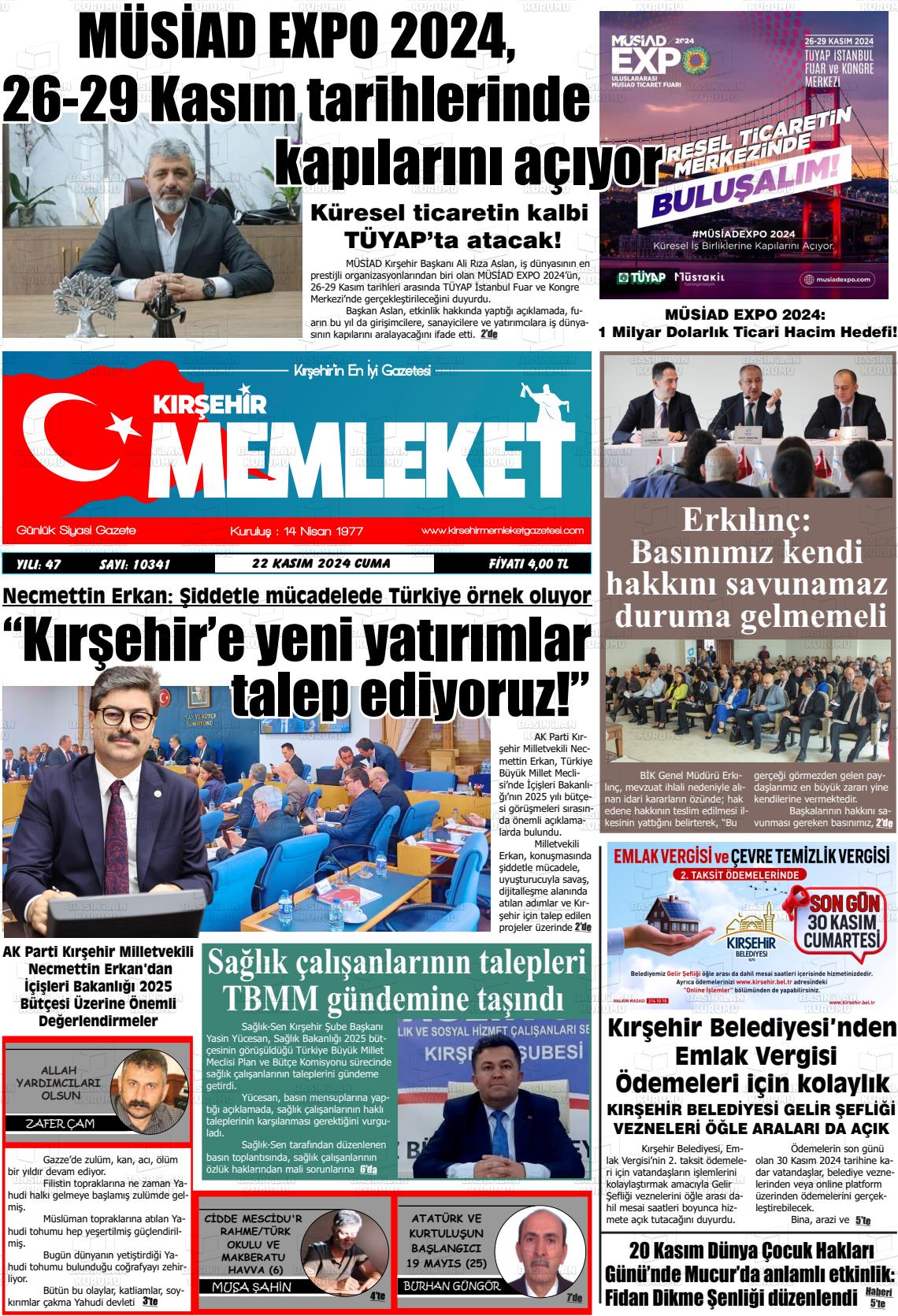 22 Kasım 2024 Kırşehir Memleket Gazete Manşeti