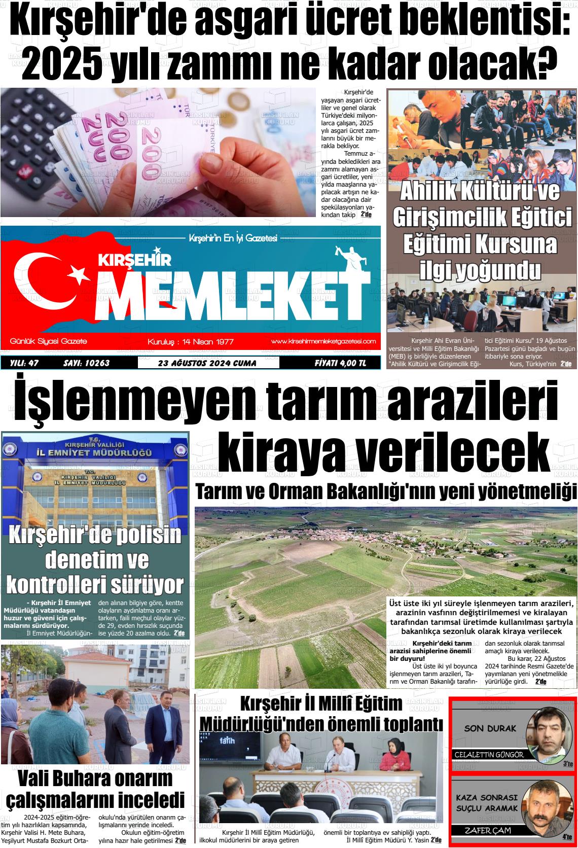 23 Ağustos 2024 Kırşehir Memleket Gazete Manşeti