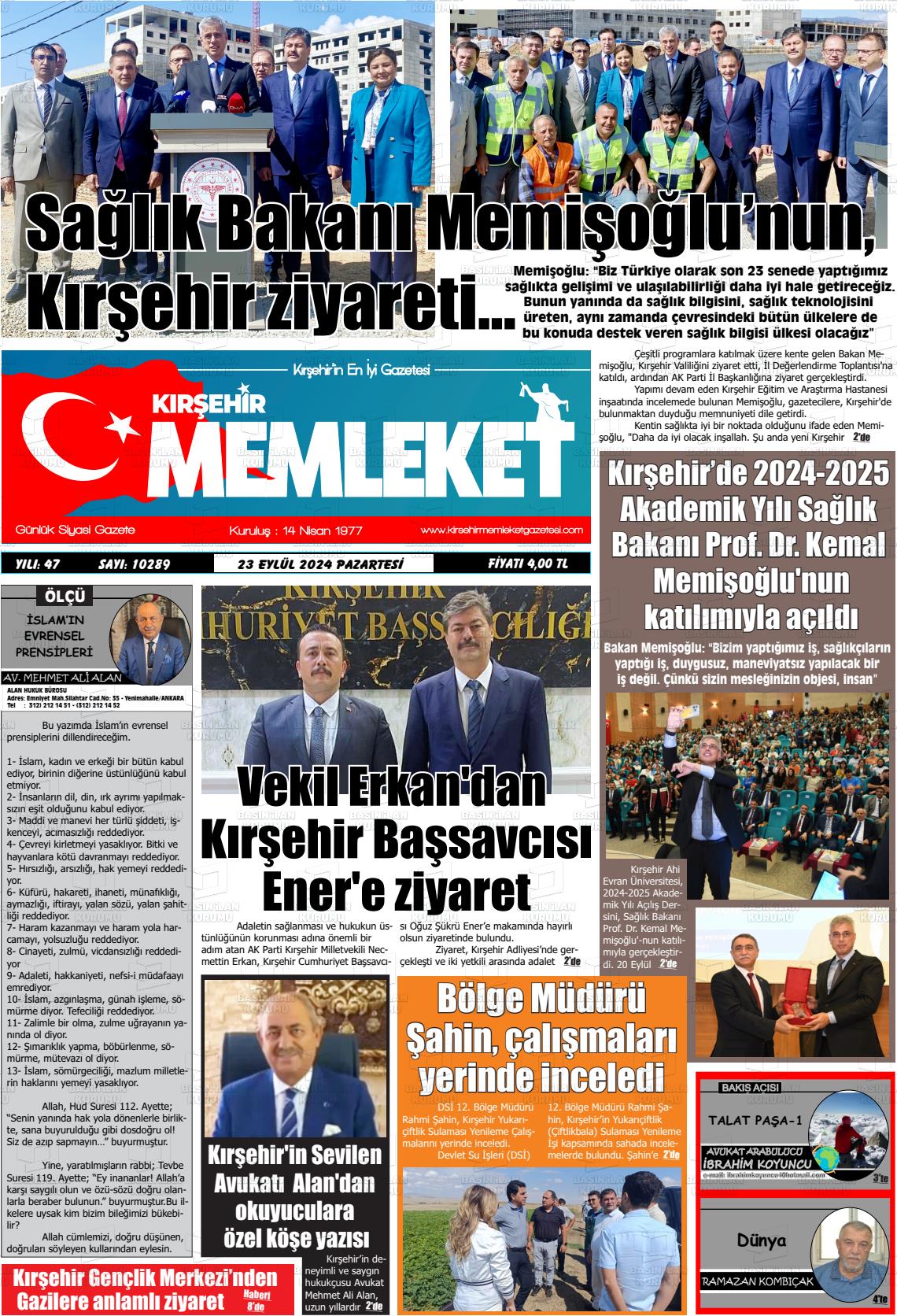 23 Eylül 2024 Kırşehir Memleket Gazete Manşeti