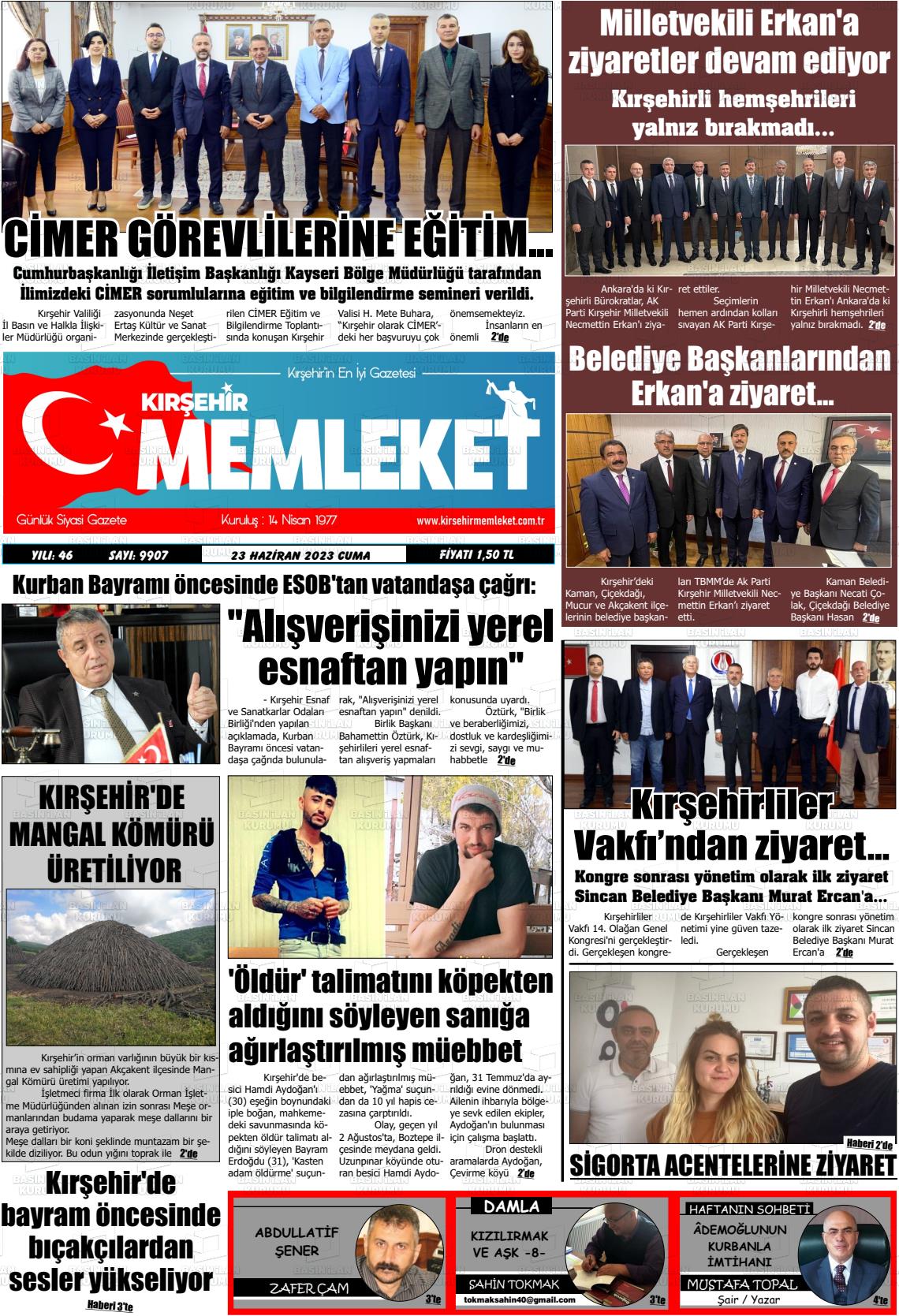 23 Haziran 2023 Kırşehir Memleket Gazete Manşeti