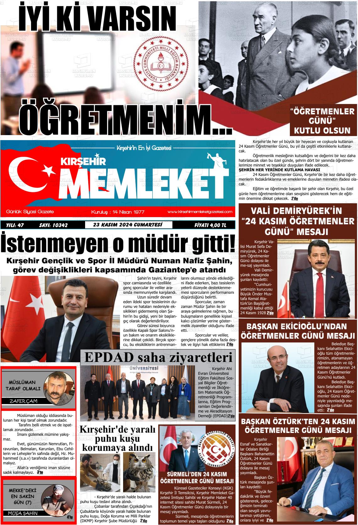 23 Kasım 2024 Kırşehir Memleket Gazete Manşeti