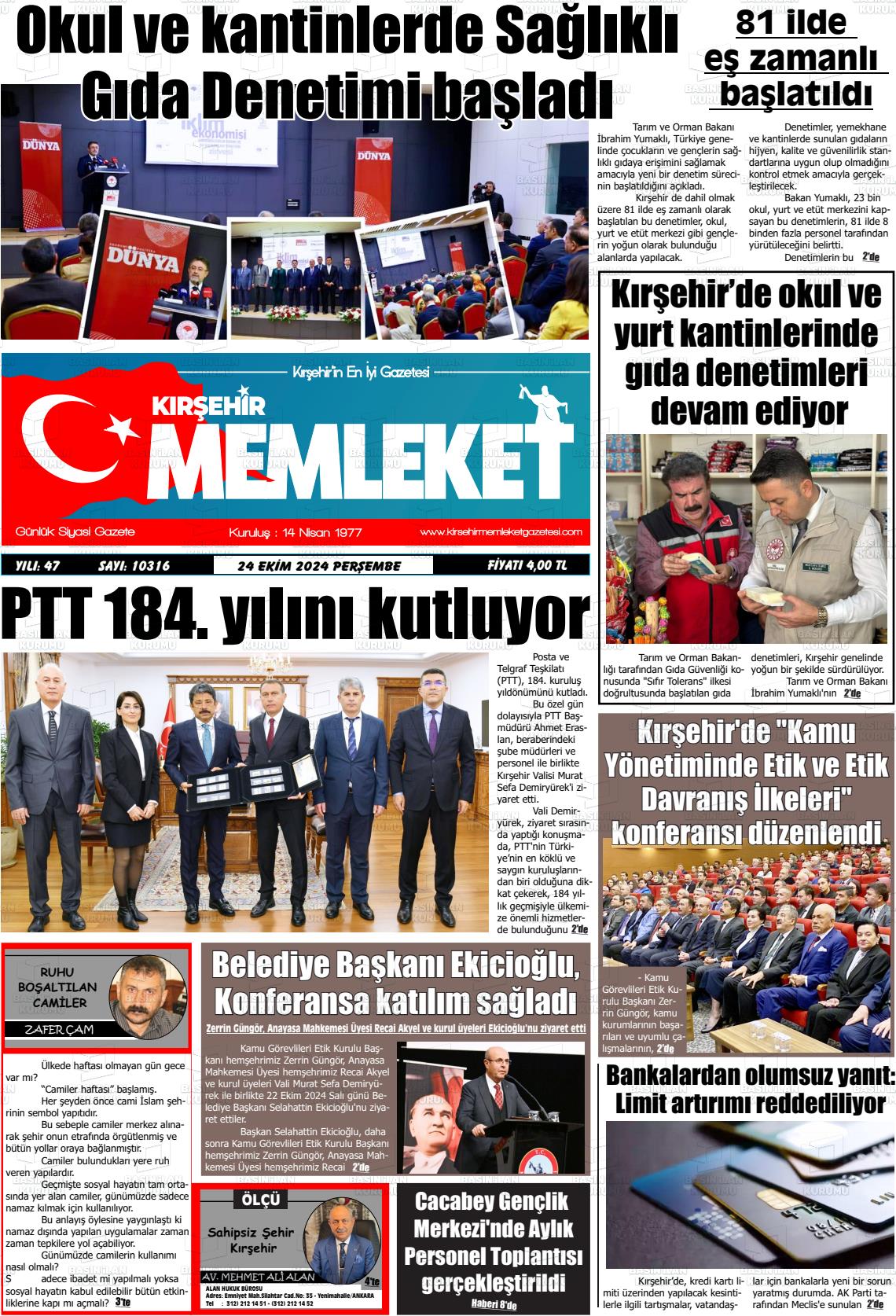 24 Ekim 2024 Kırşehir Memleket Gazete Manşeti