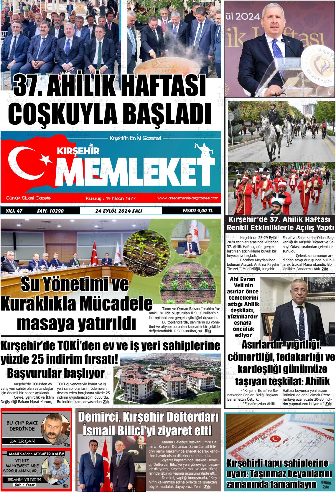 24 Eylül 2024 Kırşehir Memleket Gazete Manşeti