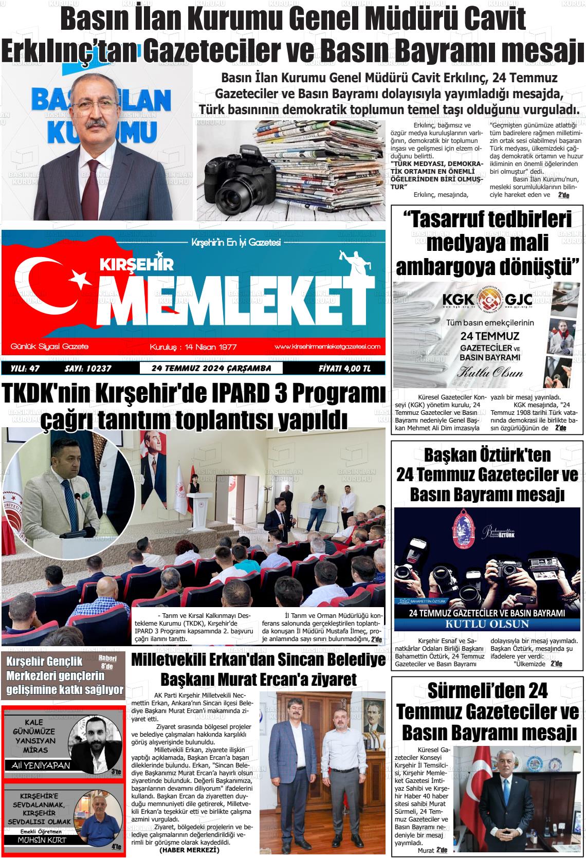 24 Temmuz 2024 Kırşehir Memleket Gazete Manşeti