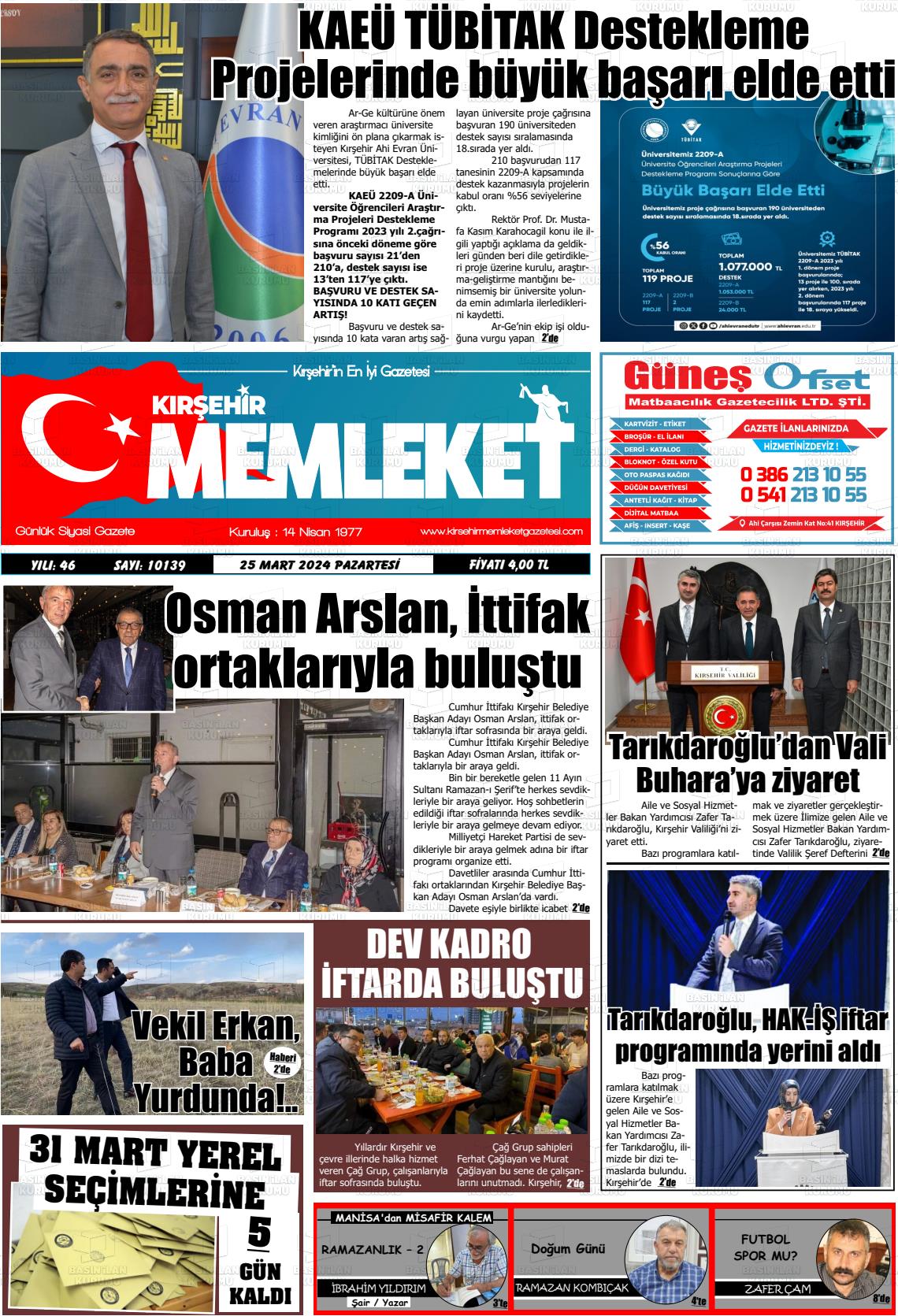 25 Mart 2024 Kırşehir Memleket Gazete Manşeti