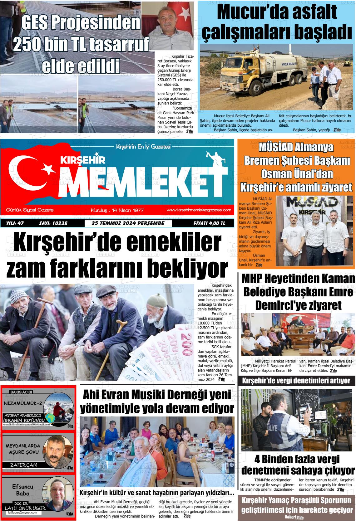 25 Temmuz 2024 Kırşehir Memleket Gazete Manşeti