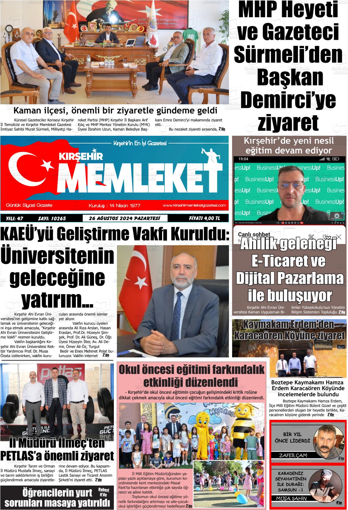 26 Ağustos 2024 Kırşehir Memleket Gazete Manşeti