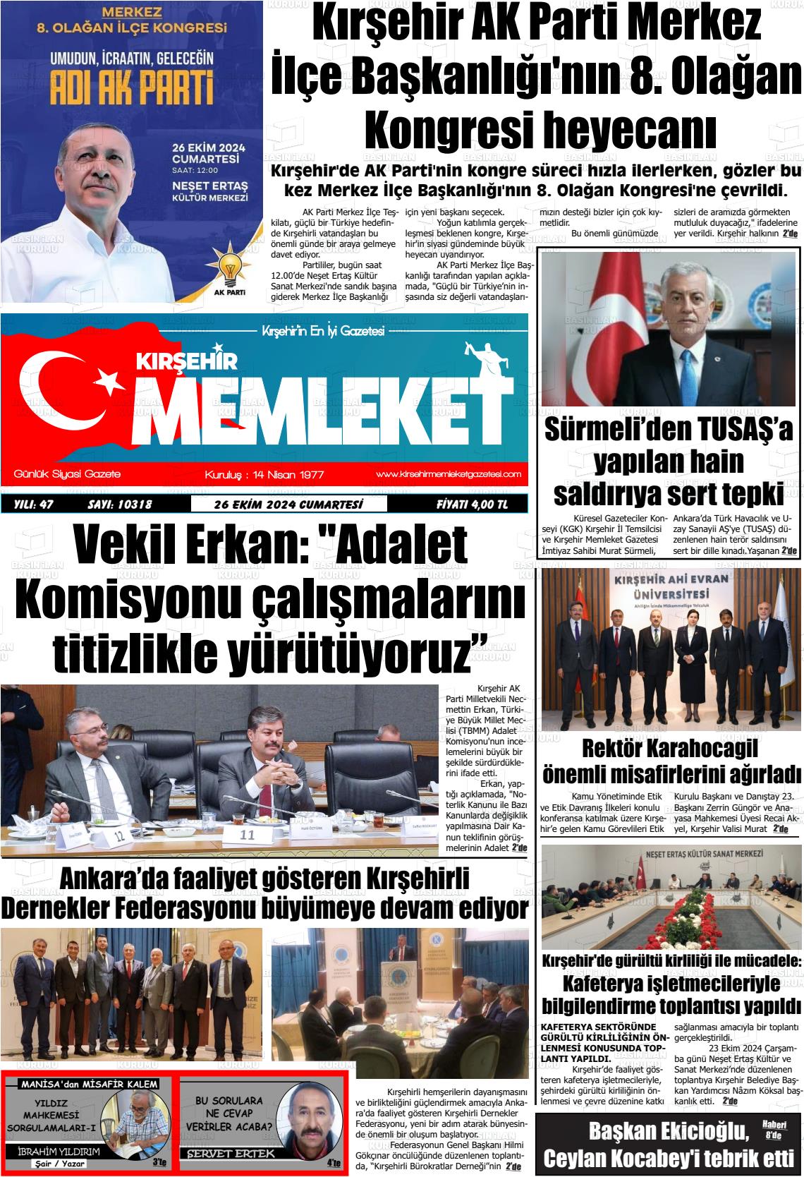 26 Ekim 2024 Kırşehir Memleket Gazete Manşeti