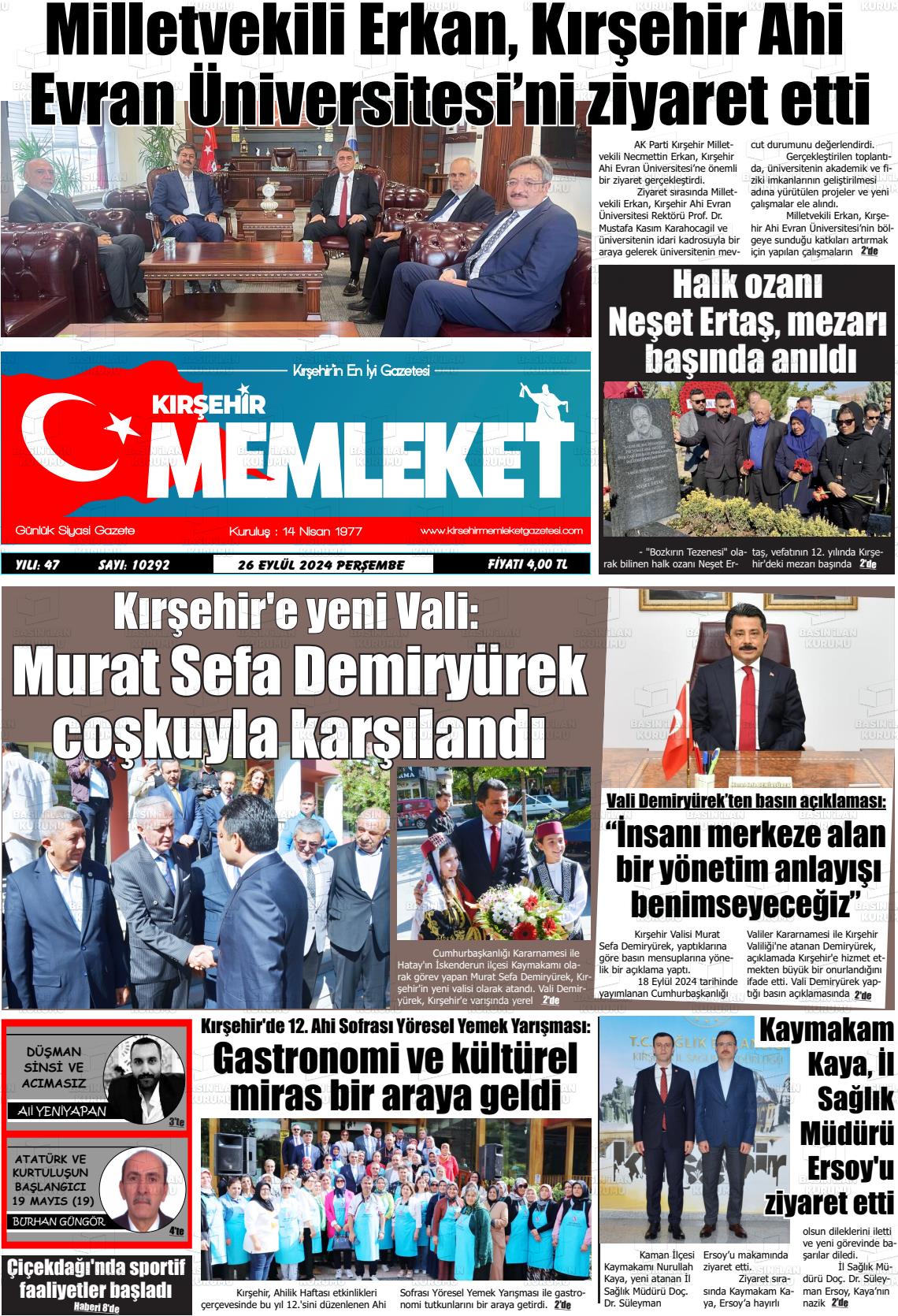 26 Eylül 2024 Kırşehir Memleket Gazete Manşeti