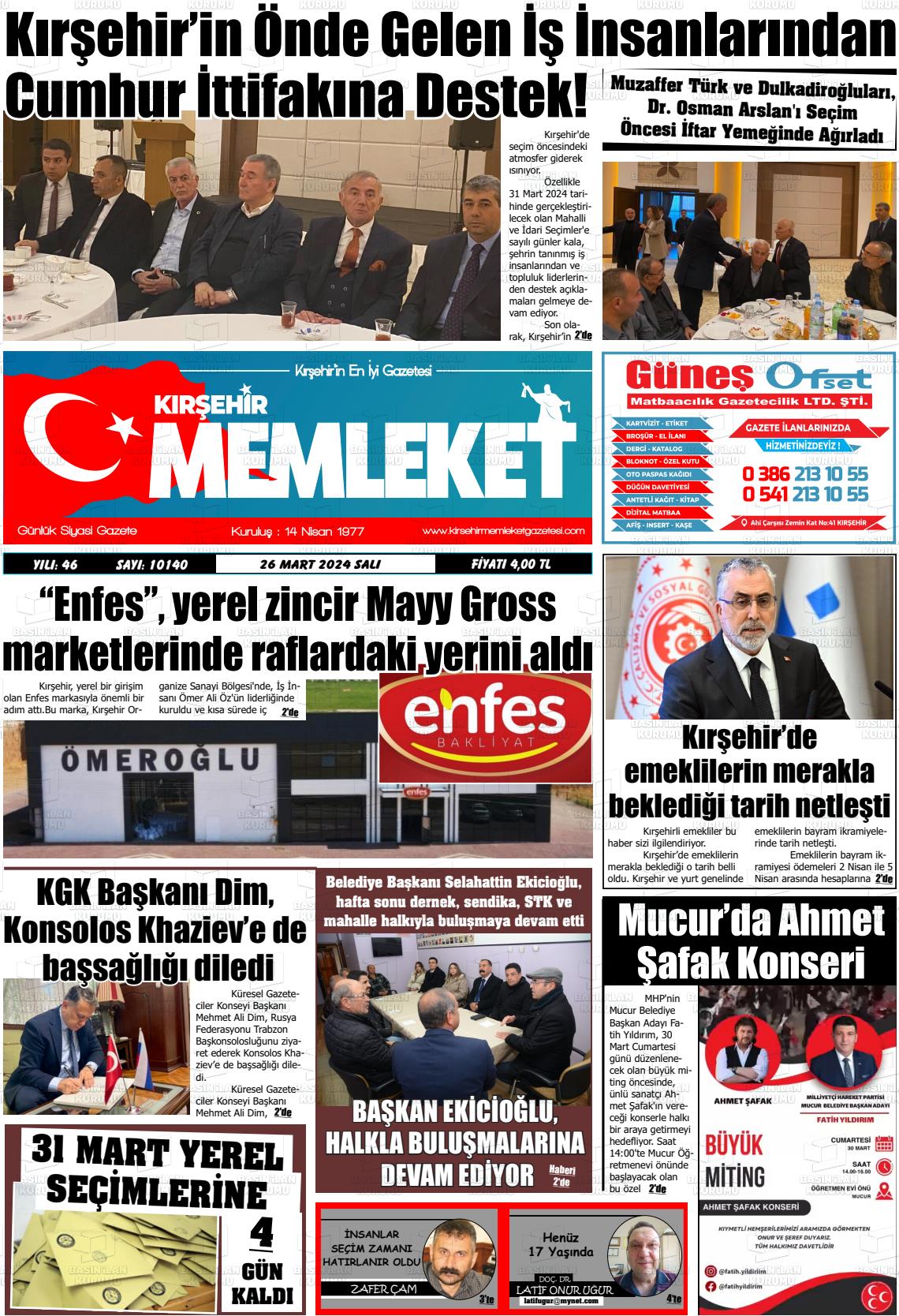 26 Mart 2024 Kırşehir Memleket Gazete Manşeti