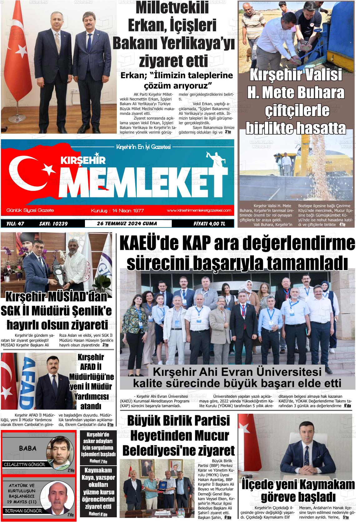27 Temmuz 2024 Kırşehir Memleket Gazete Manşeti