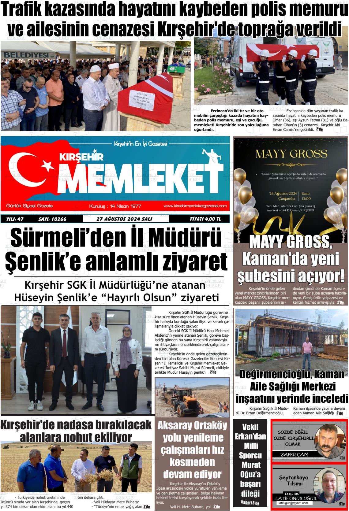 27 Ağustos 2024 Kırşehir Memleket Gazete Manşeti