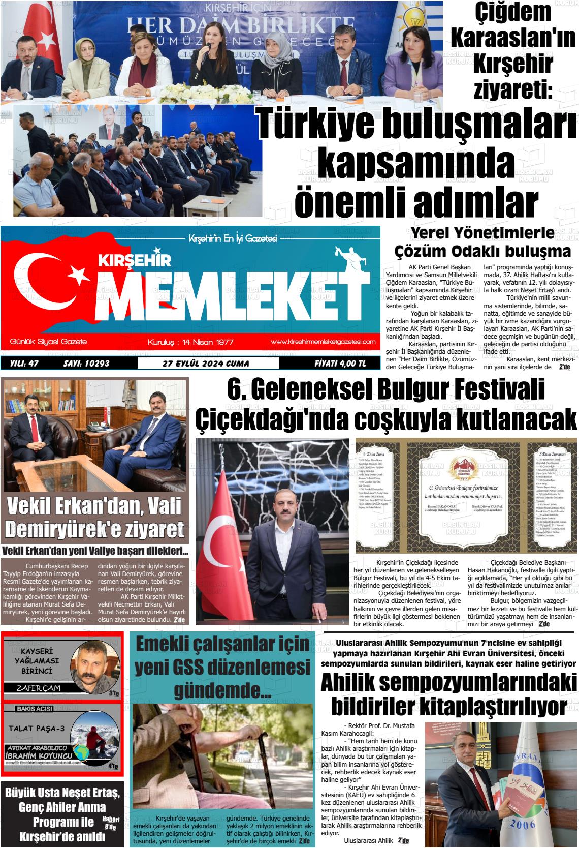 27 Eylül 2024 Kırşehir Memleket Gazete Manşeti