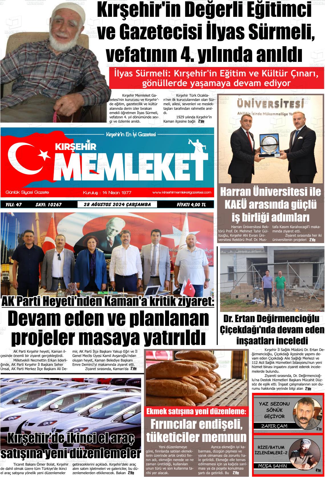 28 Ağustos 2024 Kırşehir Memleket Gazete Manşeti