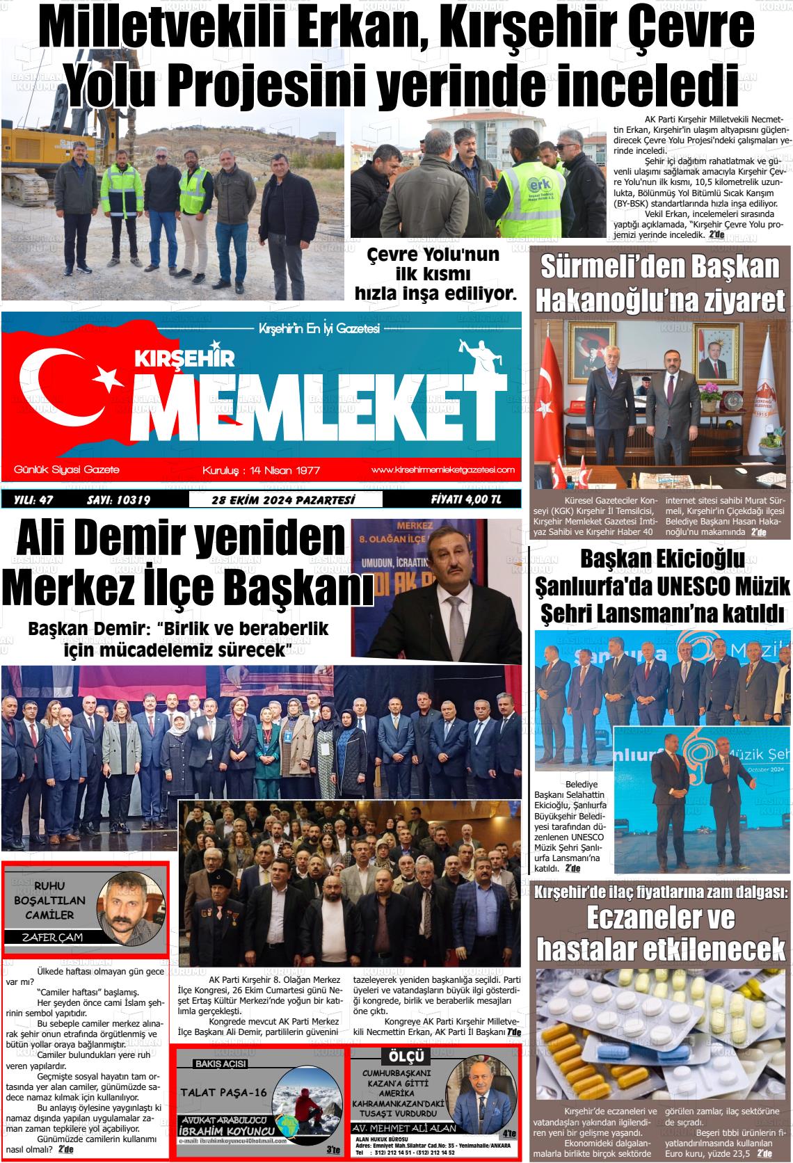 28 Ekim 2024 Kırşehir Memleket Gazete Manşeti