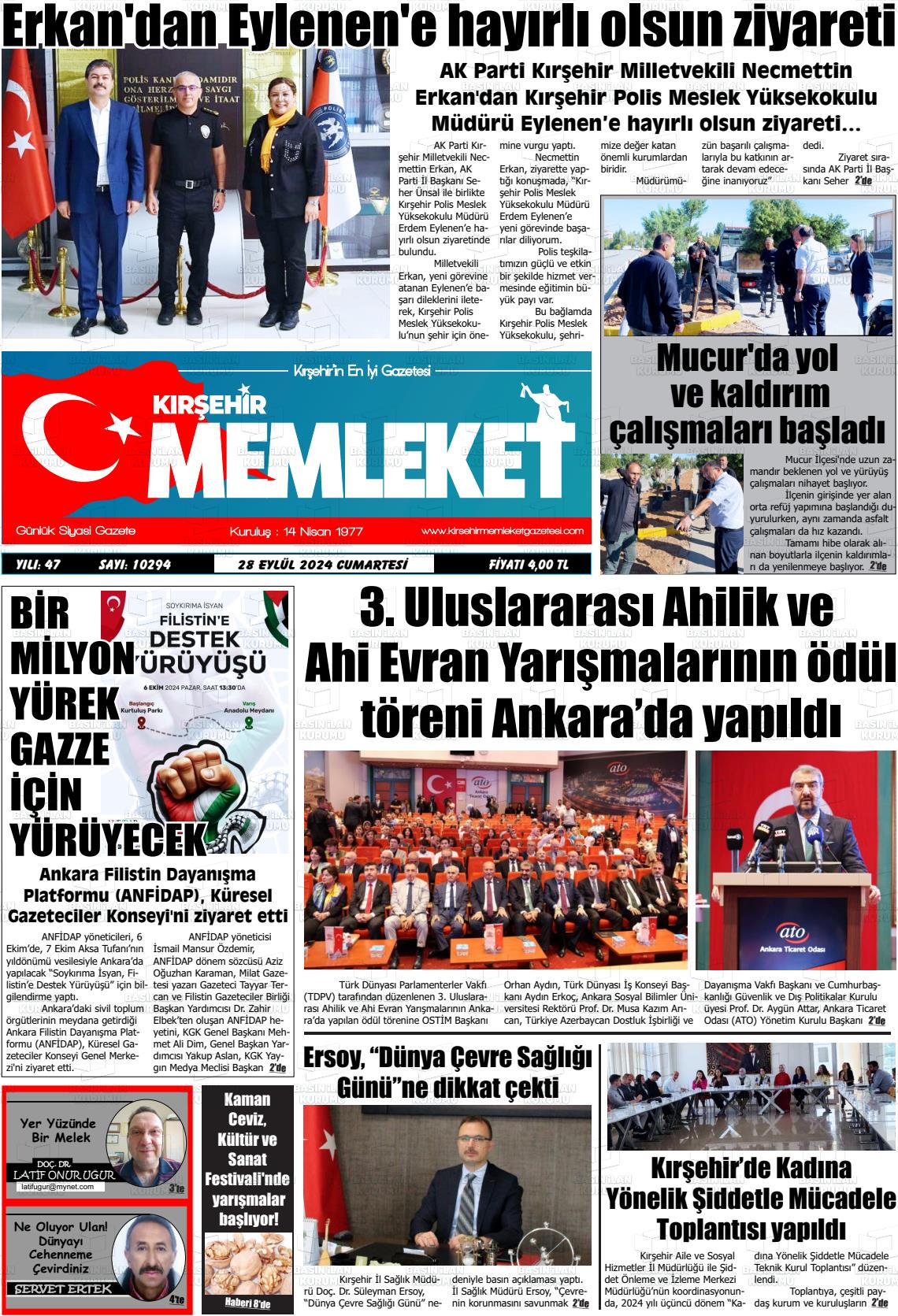 28 Eylül 2024 Kırşehir Memleket Gazete Manşeti