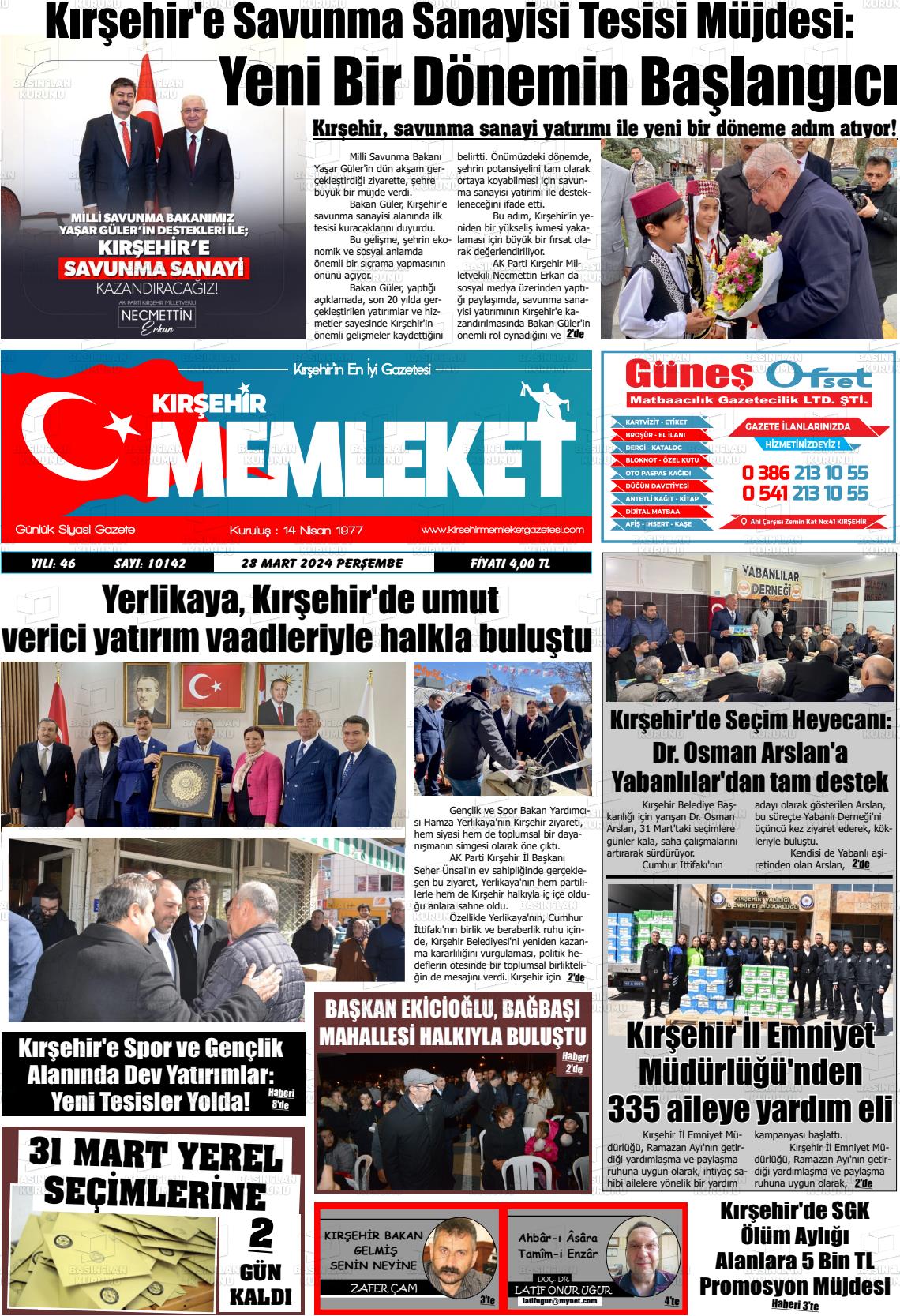 28 Mart 2024 Kırşehir Memleket Gazete Manşeti