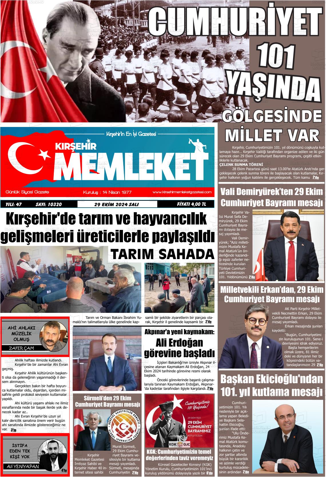 29 Ekim 2024 Kırşehir Memleket Gazete Manşeti