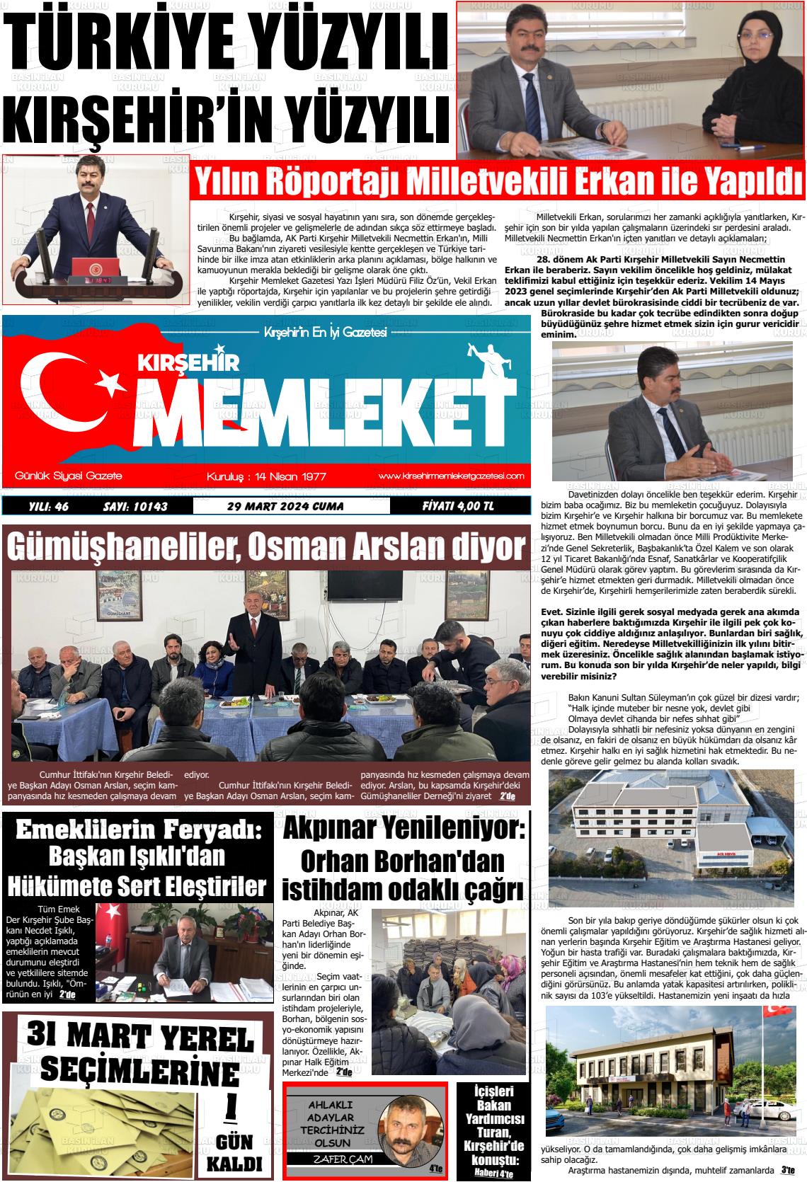 29 Mart 2024 Kırşehir Memleket Gazete Manşeti