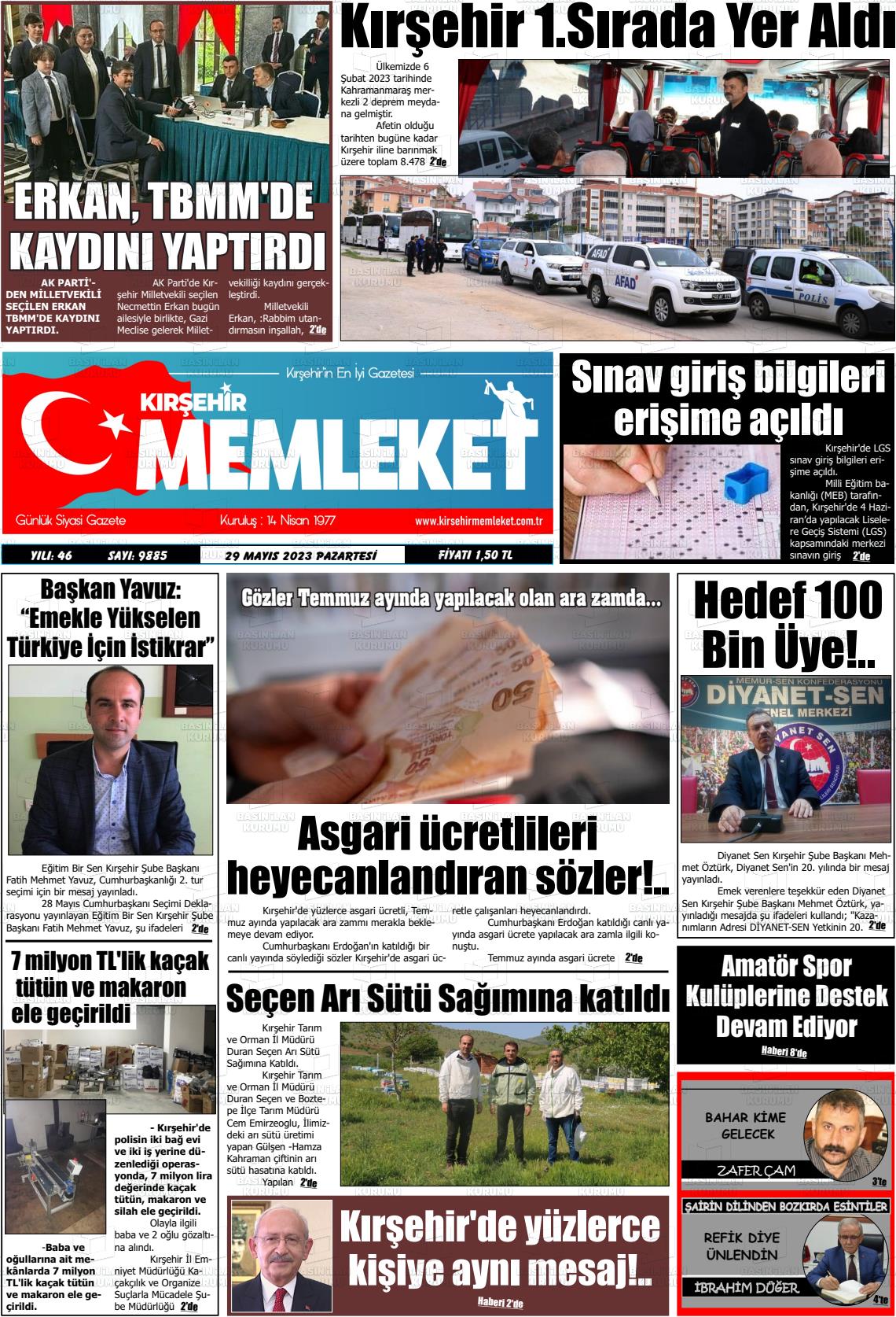 29 Mayıs 2023 Kırşehir Memleket Gazete Manşeti