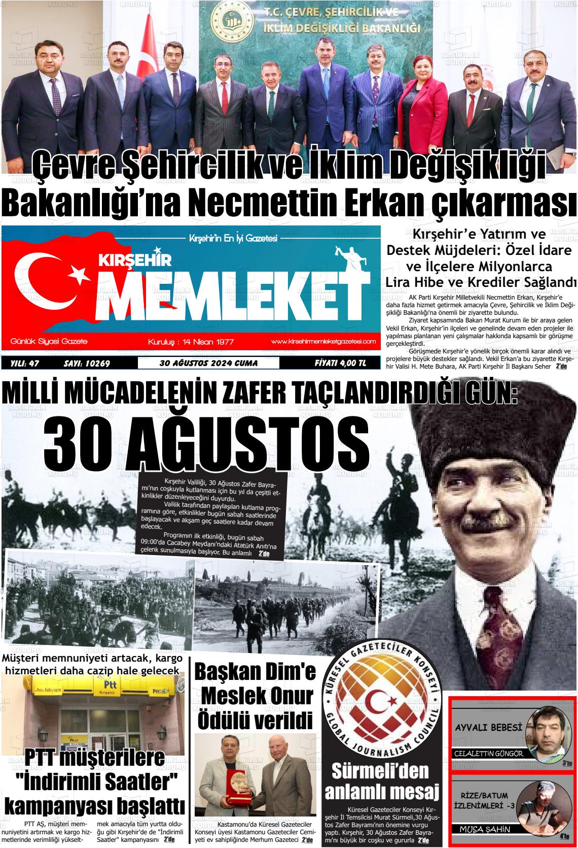 30 Ağustos 2024 Kırşehir Memleket Gazete Manşeti