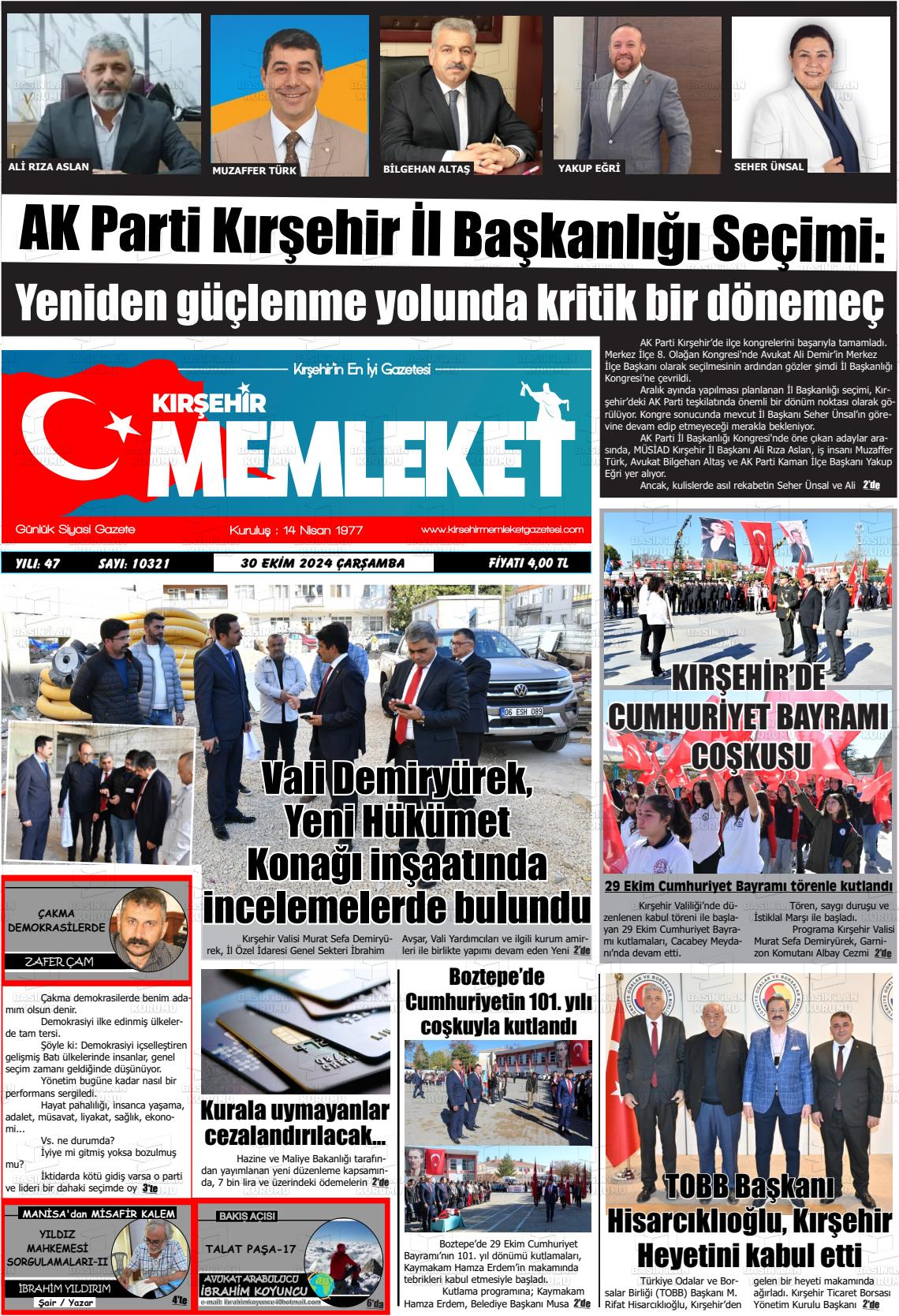 30 Ekim 2024 Kırşehir Memleket Gazete Manşeti