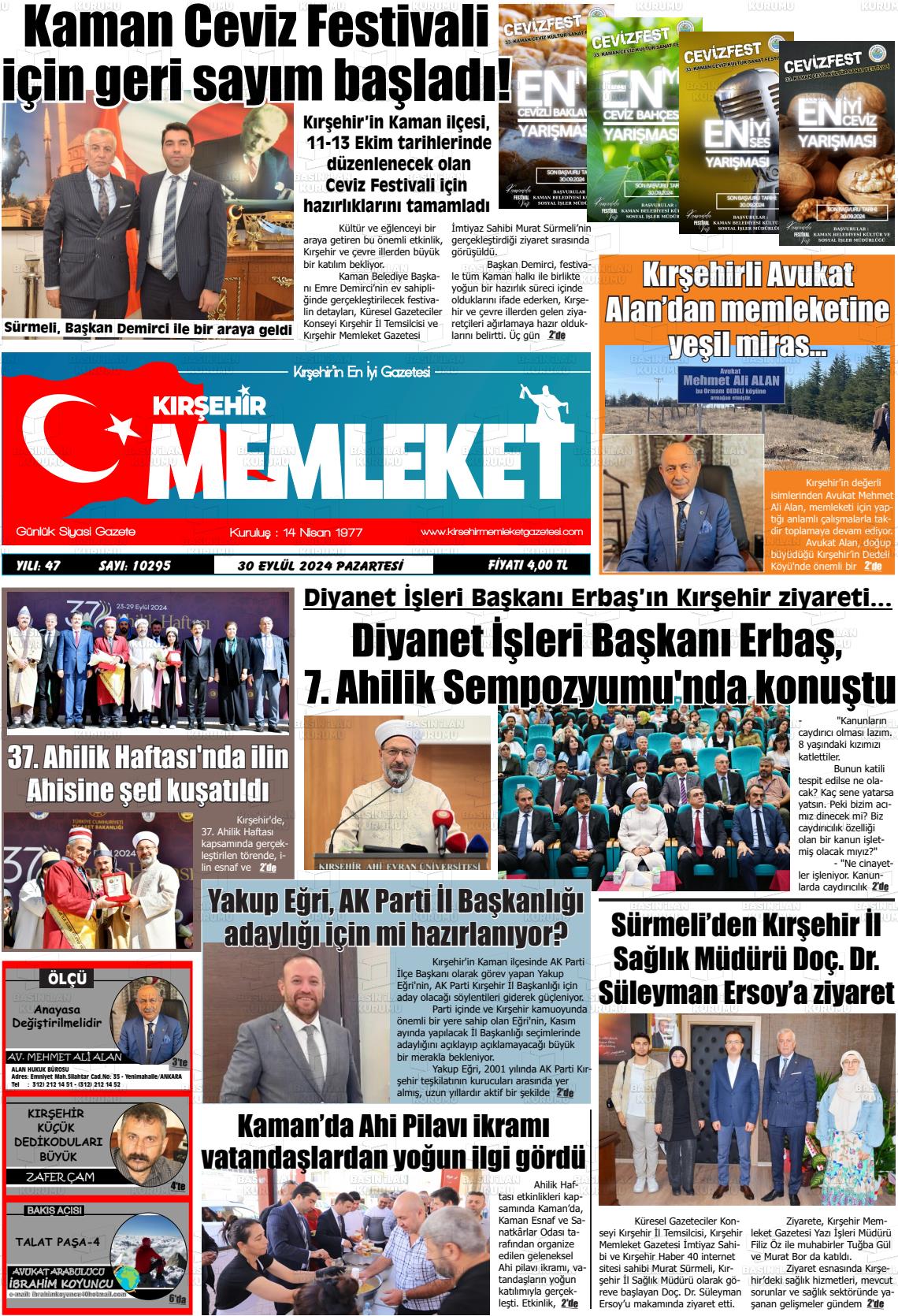 30 Eylül 2024 Kırşehir Memleket Gazete Manşeti