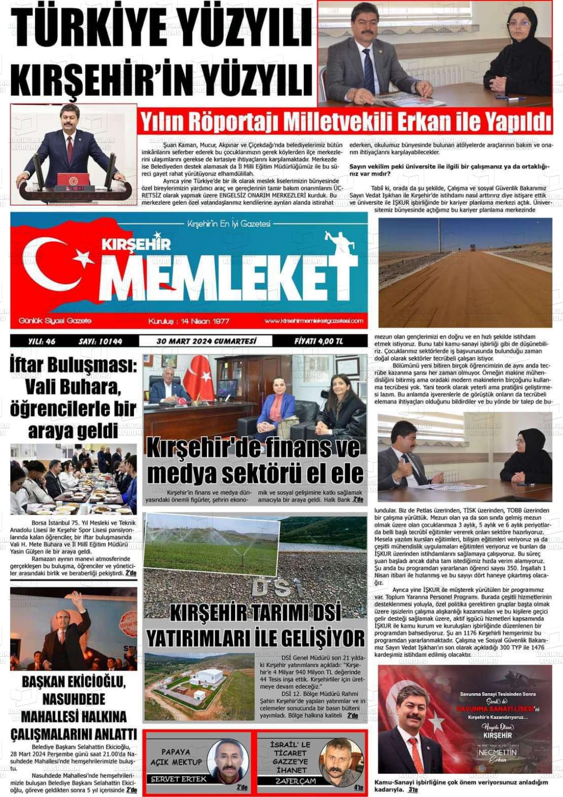 30 Mart 2024 Kırşehir Memleket Gazete Manşeti